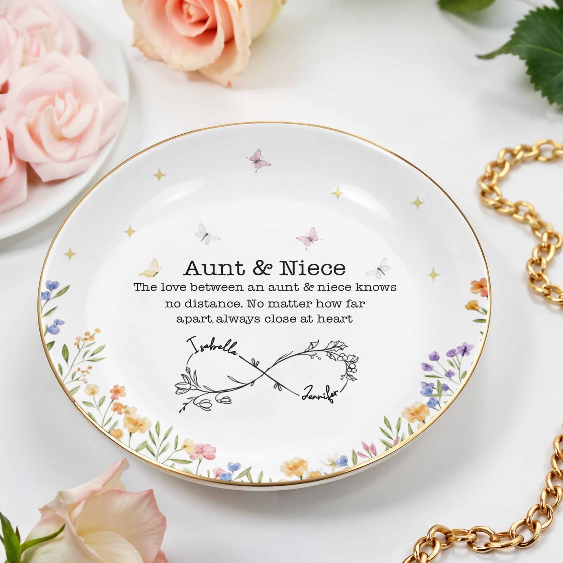 Love Between Aunt & Niece, Floral And Butterfly Design