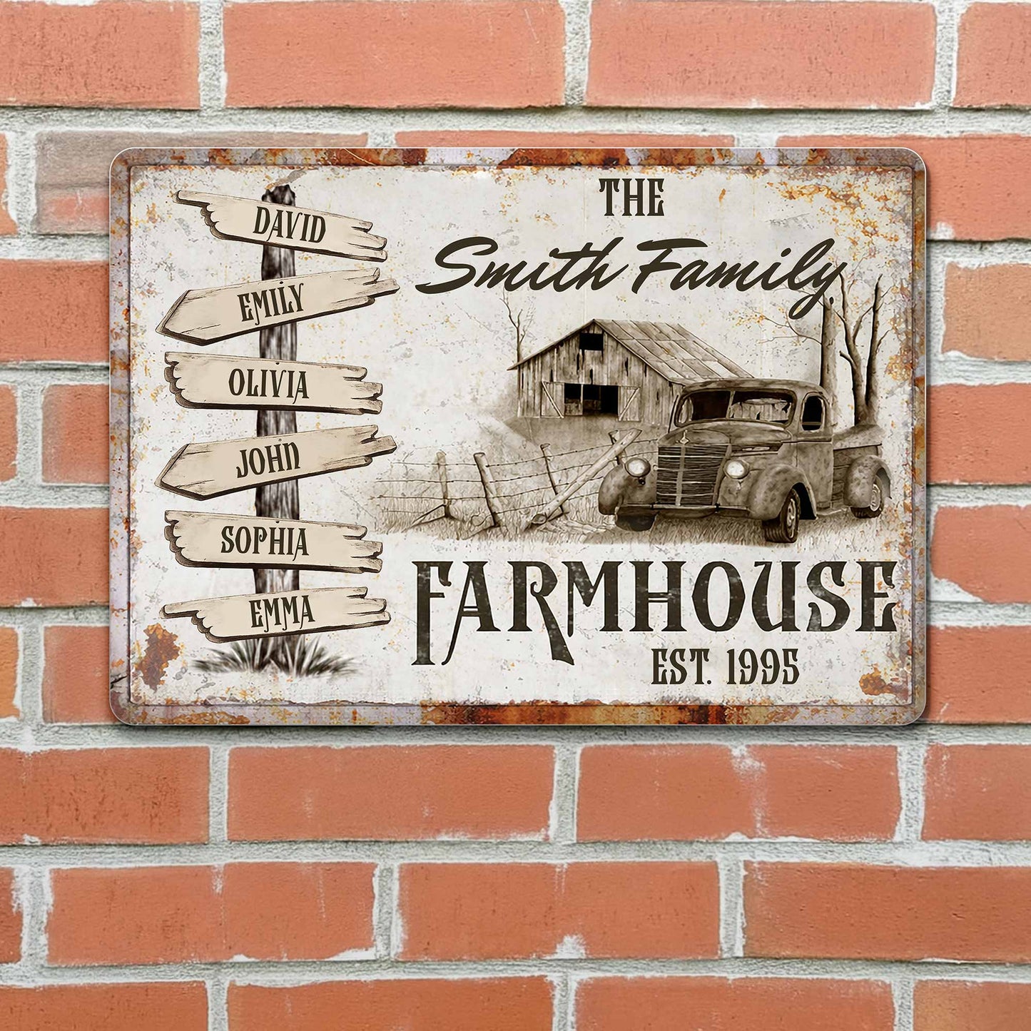 Farmhouse Est, Featuring A Rustic Truck And Wooden Signs