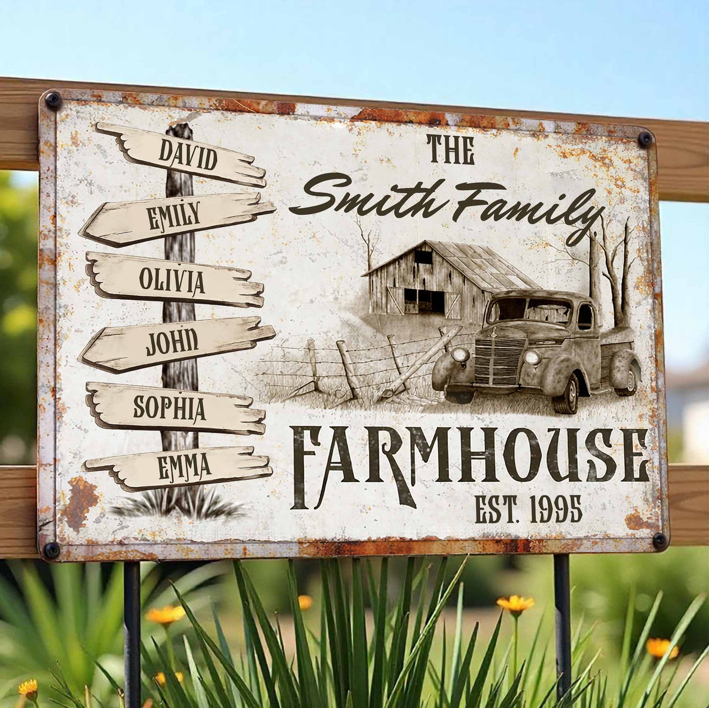 Farmhouse Est, Featuring A Rustic Truck And Wooden Signs