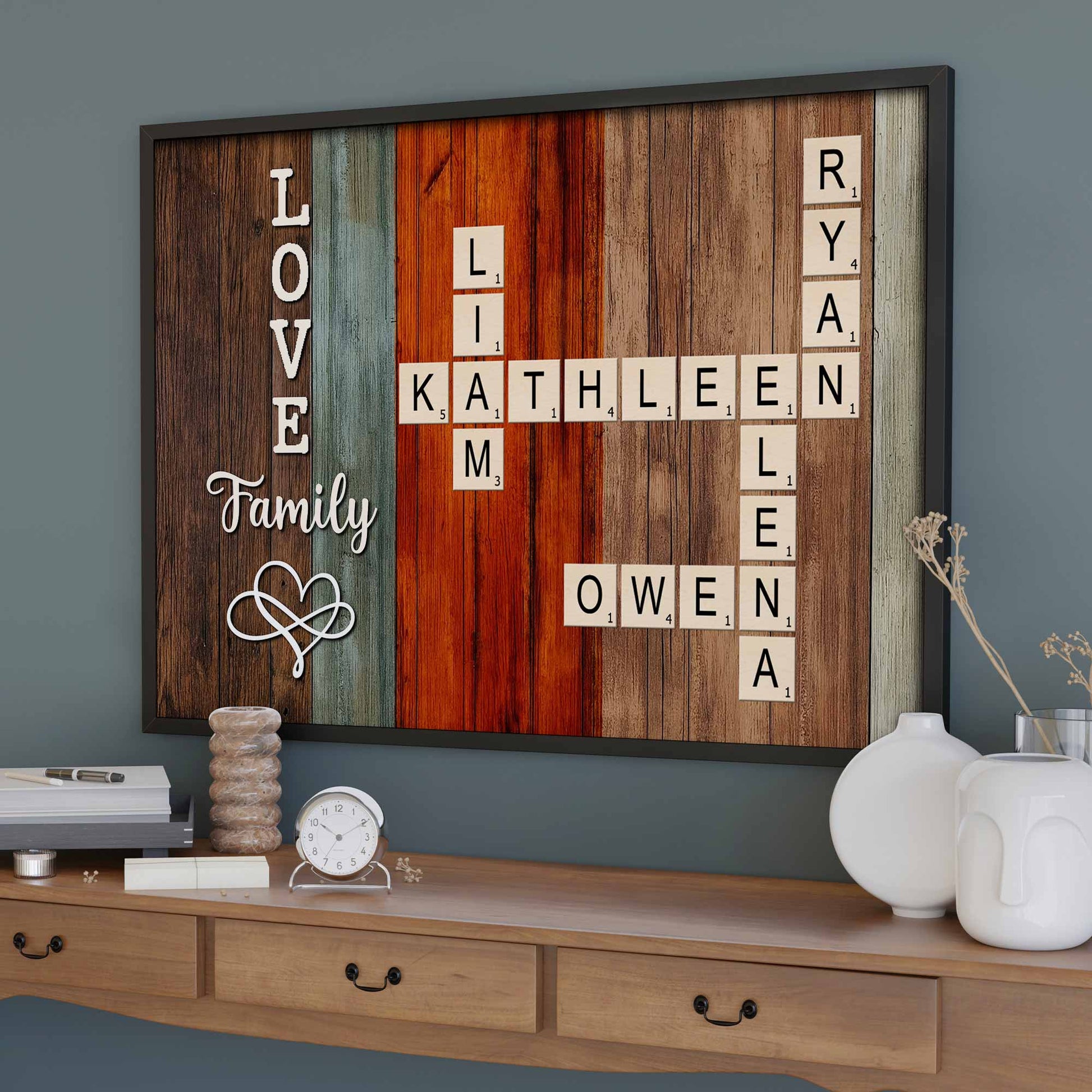 Love And Family Scrabble Style On Wooden Background