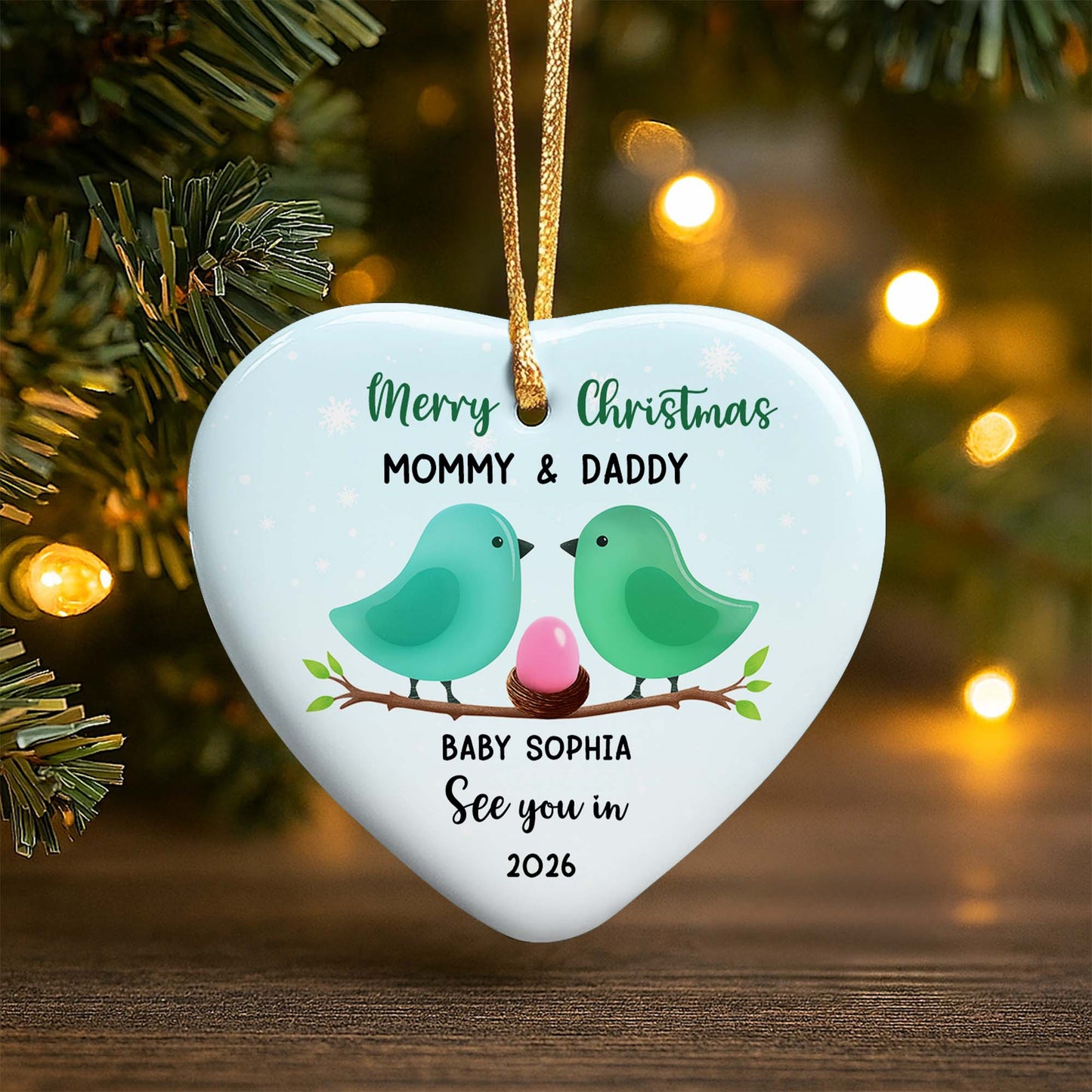 Merry Christmas Mommy And Daddy With Birds And Egg