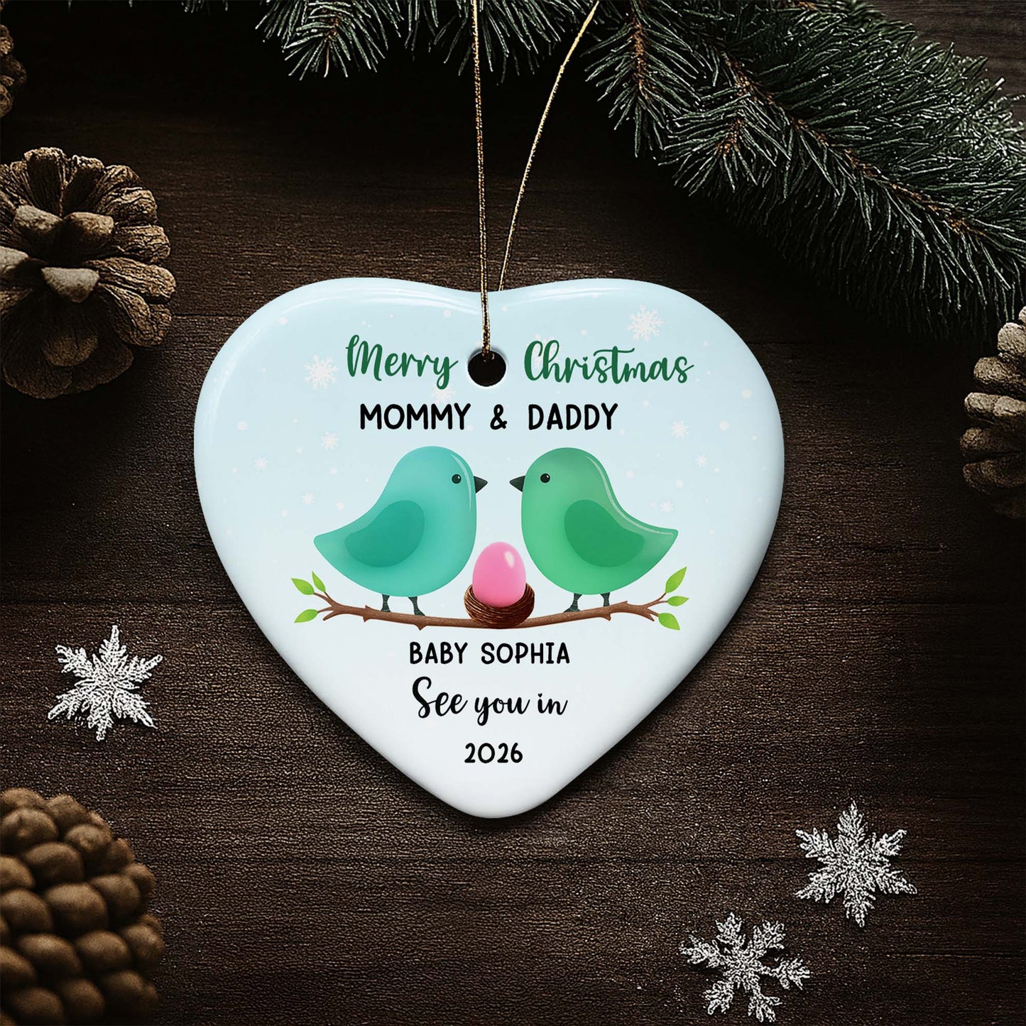 Merry Christmas Mommy And Daddy With Birds And Egg