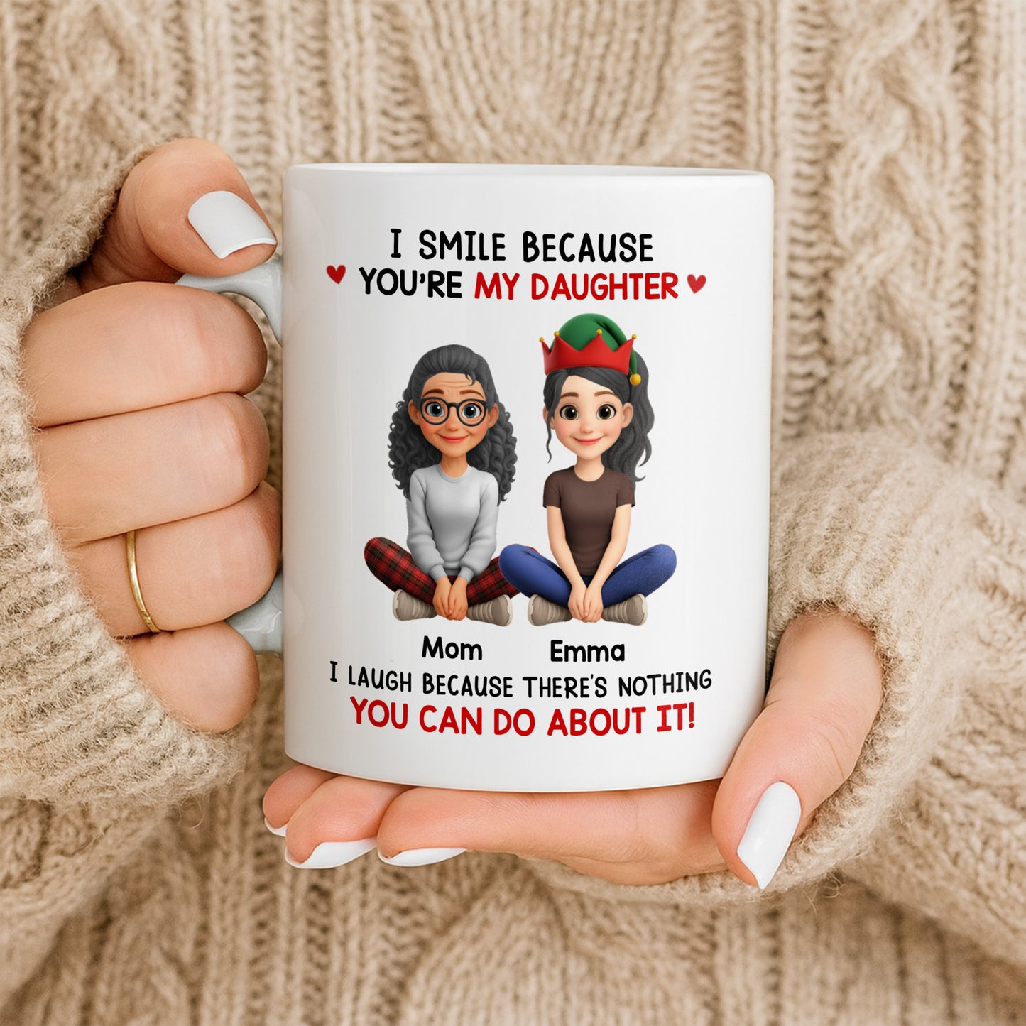 I Smile Because You're My Daughter, Cartoon Figures and Christmas Sweaters - Personalized Custom Coffee Mug - FAM770_MG