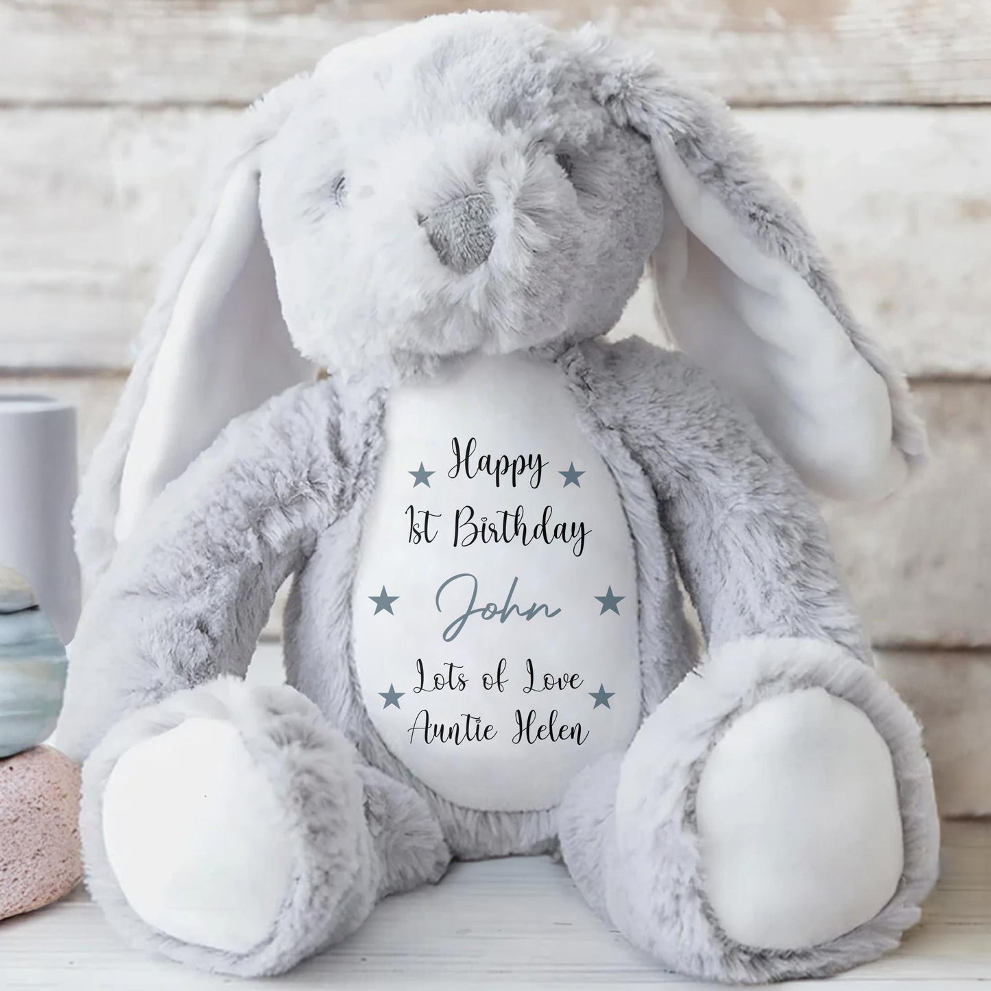 Happy 1st Birthday, Lots Of Love, Stuffed Bunny With Stars