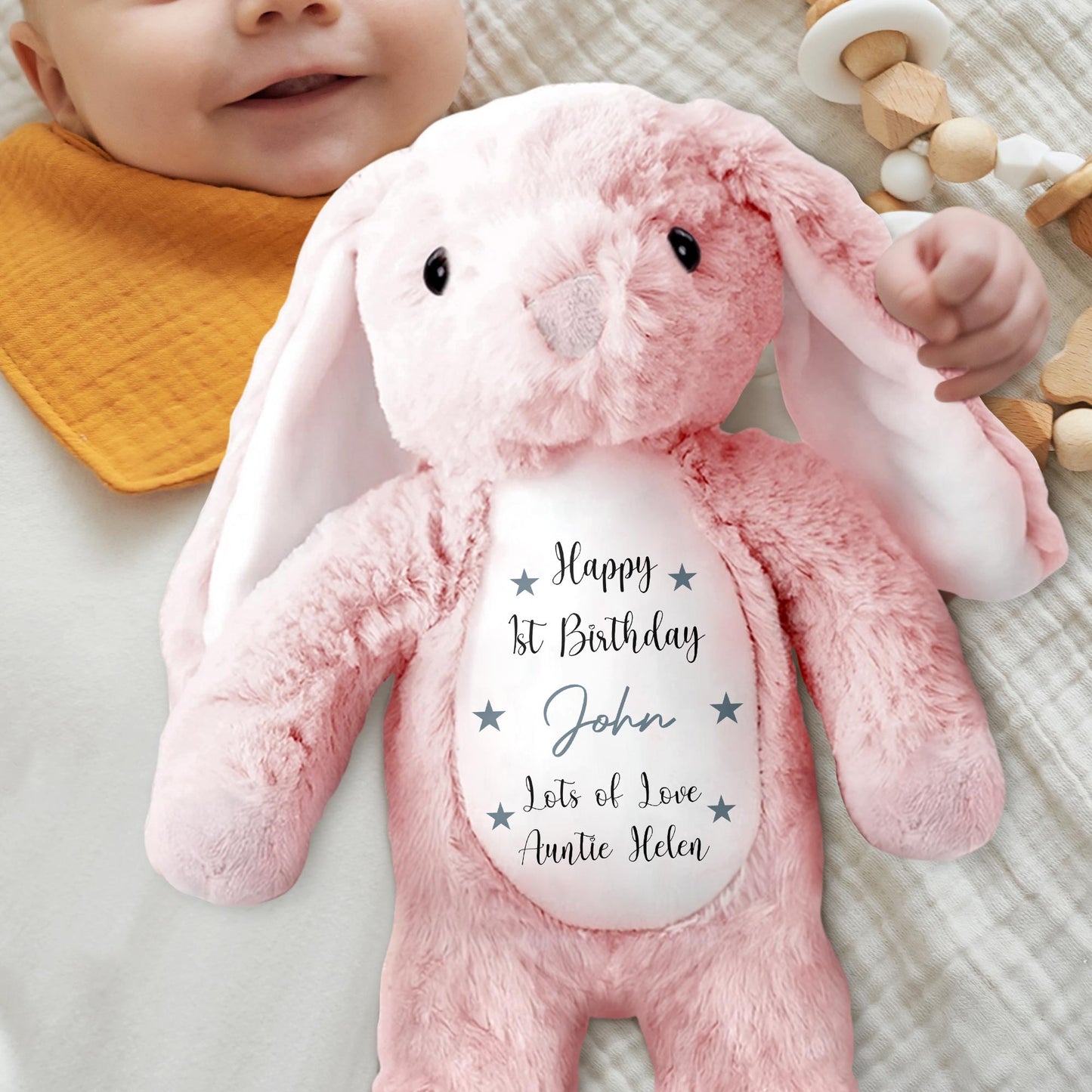 Happy 1st Birthday, Lots Of Love, Stuffed Bunny With Stars