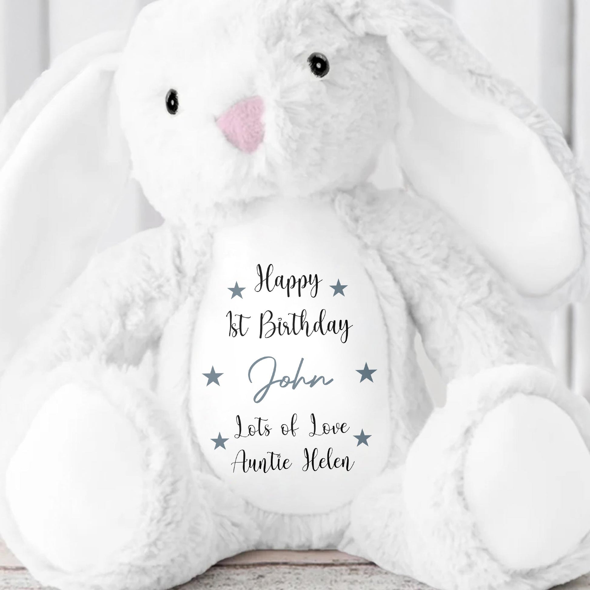 Happy 1st Birthday, Lots Of Love, Stuffed Bunny With Stars
