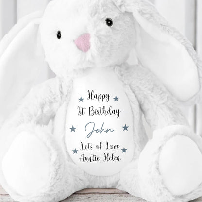 Happy 1st Birthday, Lots Of Love, Stuffed Bunny With Stars
