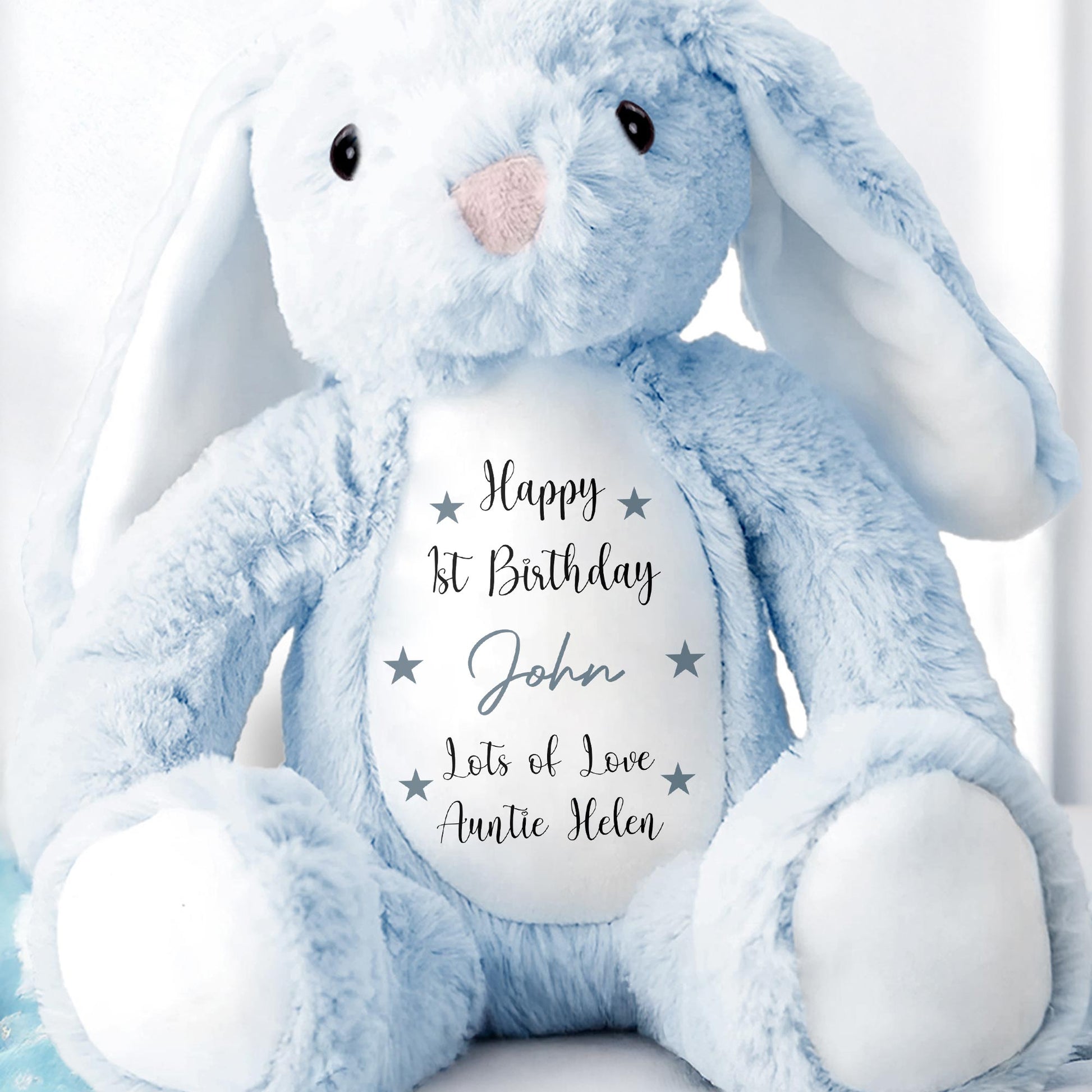 Happy 1st Birthday, Lots Of Love, Stuffed Bunny With Stars