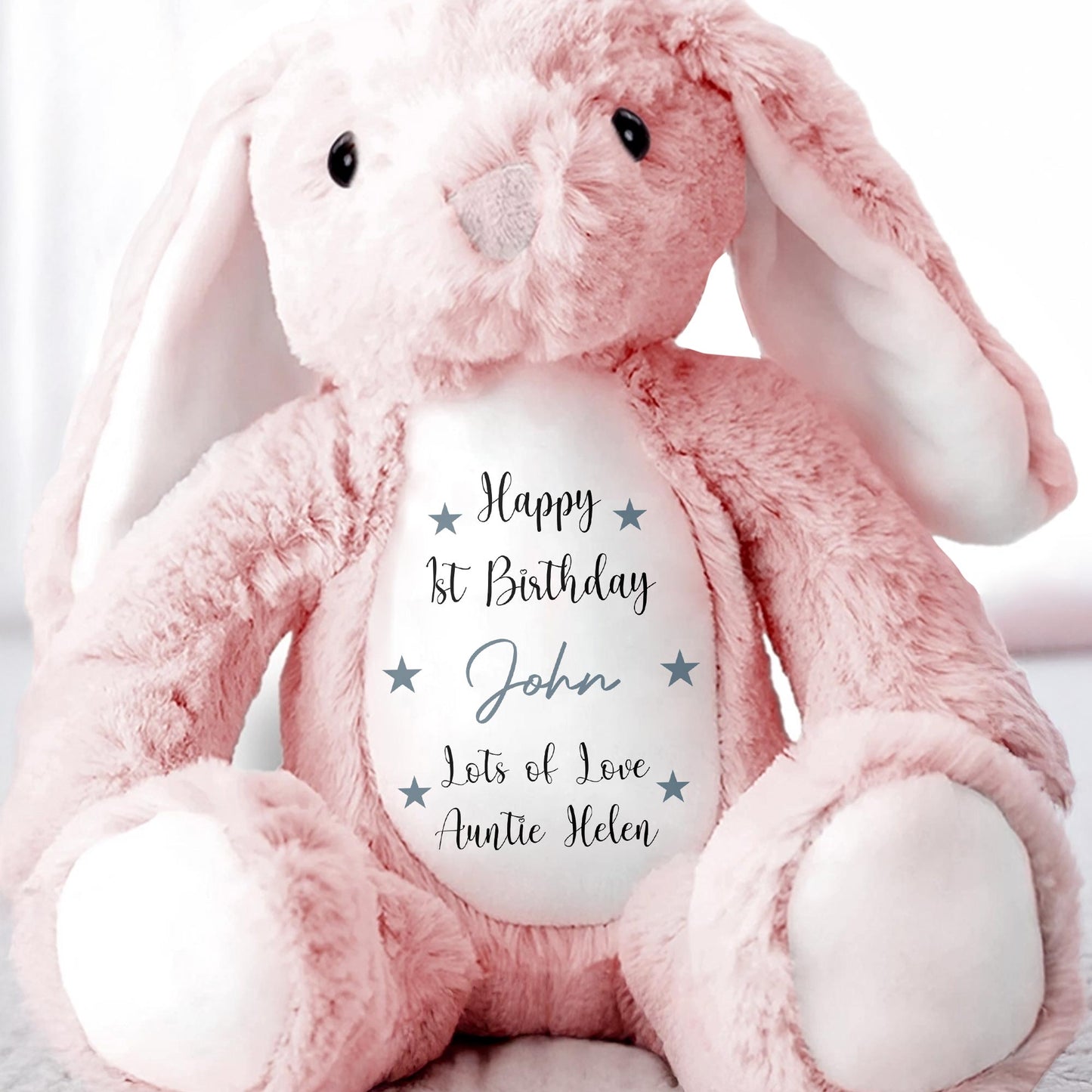 Happy 1st Birthday, Lots Of Love, Stuffed Bunny With Stars