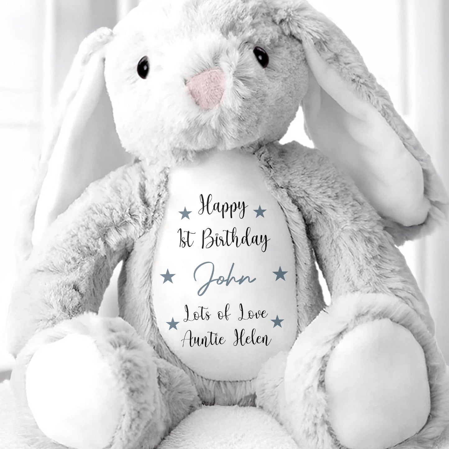 Happy 1st Birthday, Lots Of Love, Stuffed Bunny With Stars