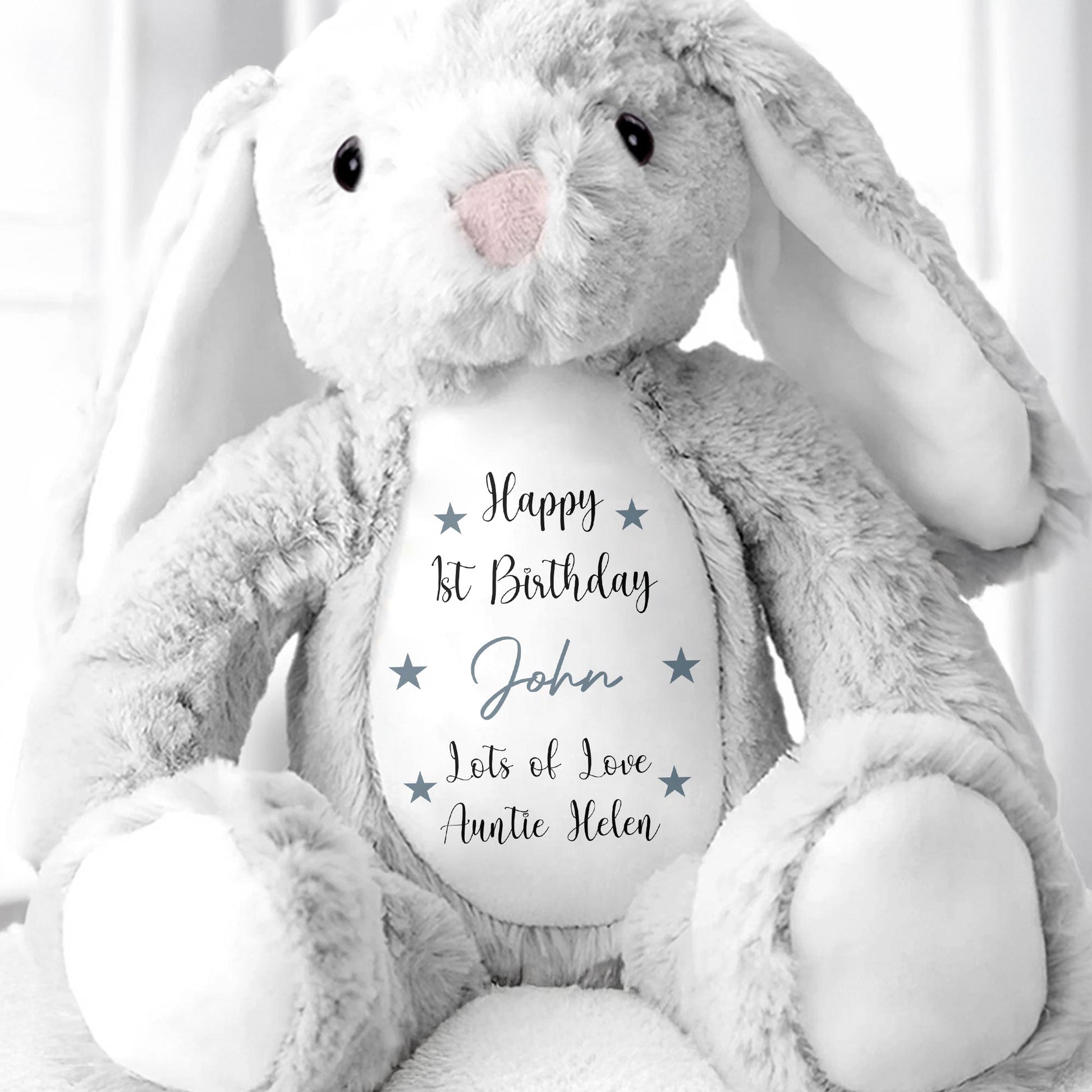 Happy 1st Birthday, Lots Of Love, Stuffed Bunny With Stars