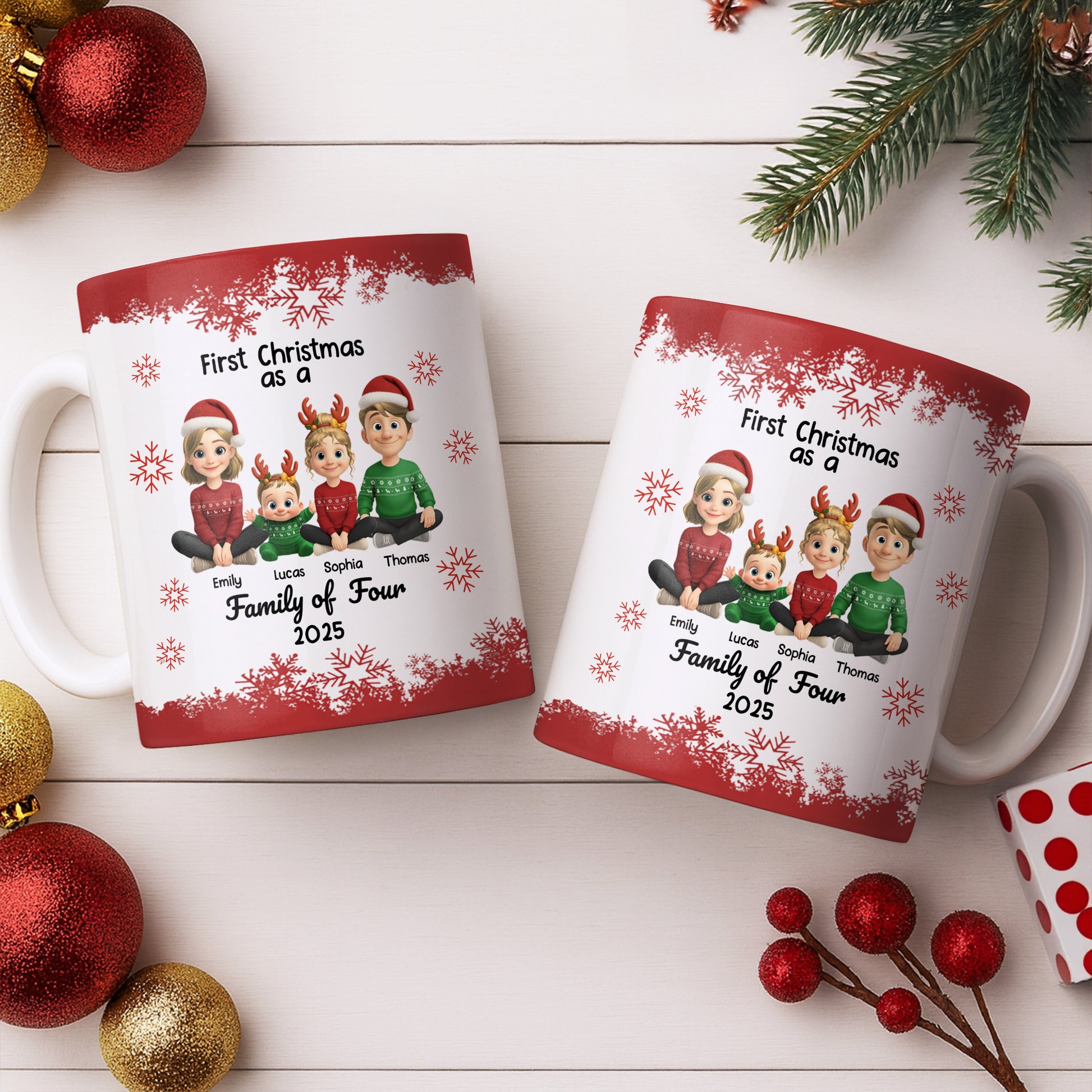 First Christmas As A Family Of Four With Snowflakes