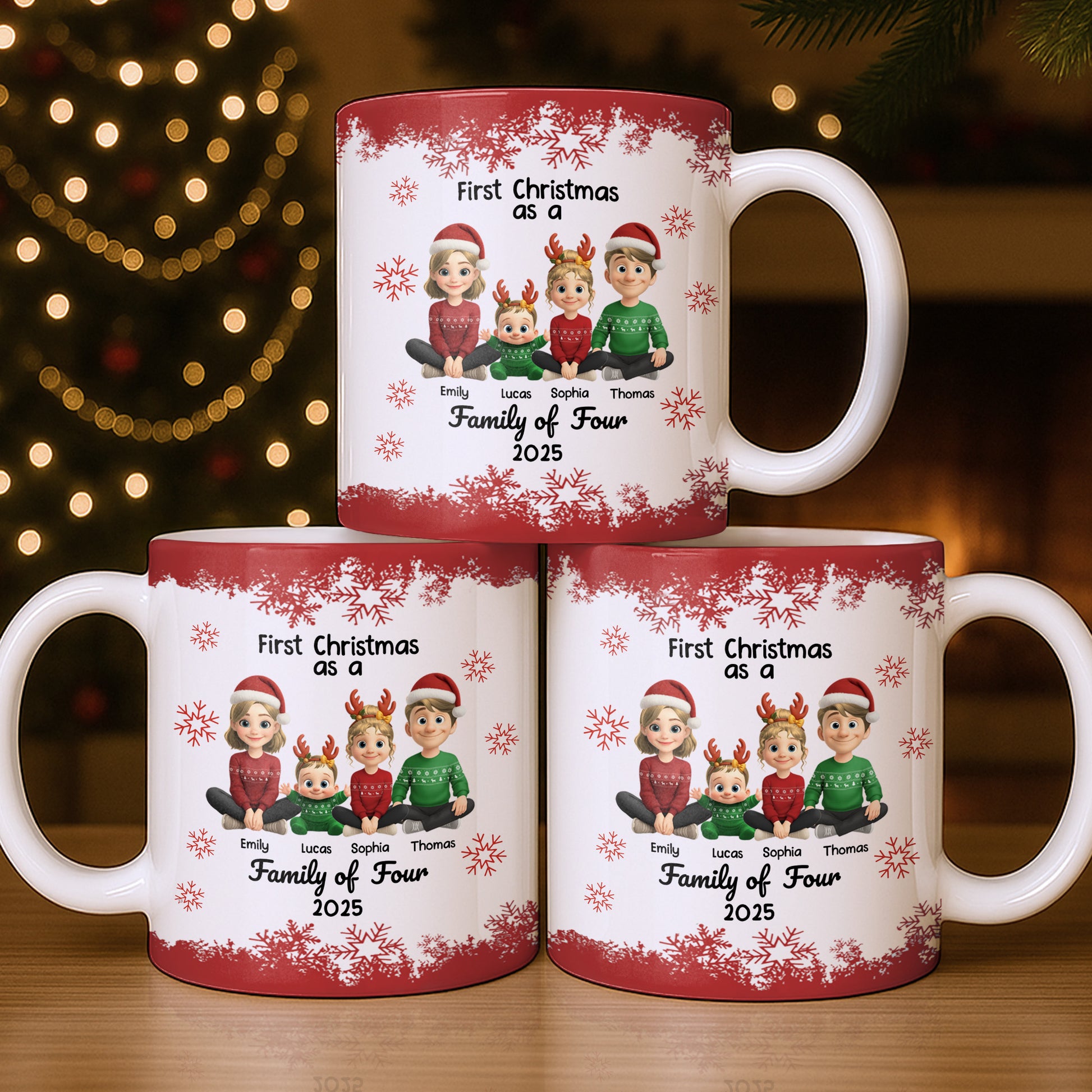 First Christmas As A Family Of Four With Snowflakes