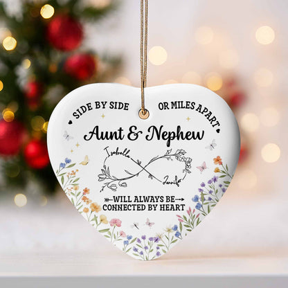 Side By Side Or Miles Apart, Heart Shape With Floral Design - Personalized Custom Ceramic Ornament With Heart Shape - FAM778_HCE