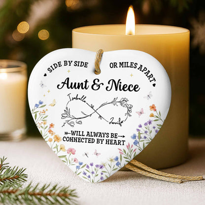 Side By Side Or Miles Apart, Heart Shape With Floral Design - Personalized Custom Ceramic Ornament With Heart Shape - FAM778_HCE