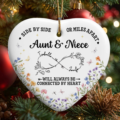 Side By Side Or Miles Apart, Heart Shape With Floral Design - Personalized Custom Ceramic Ornament With Heart Shape - FAM778_HCE