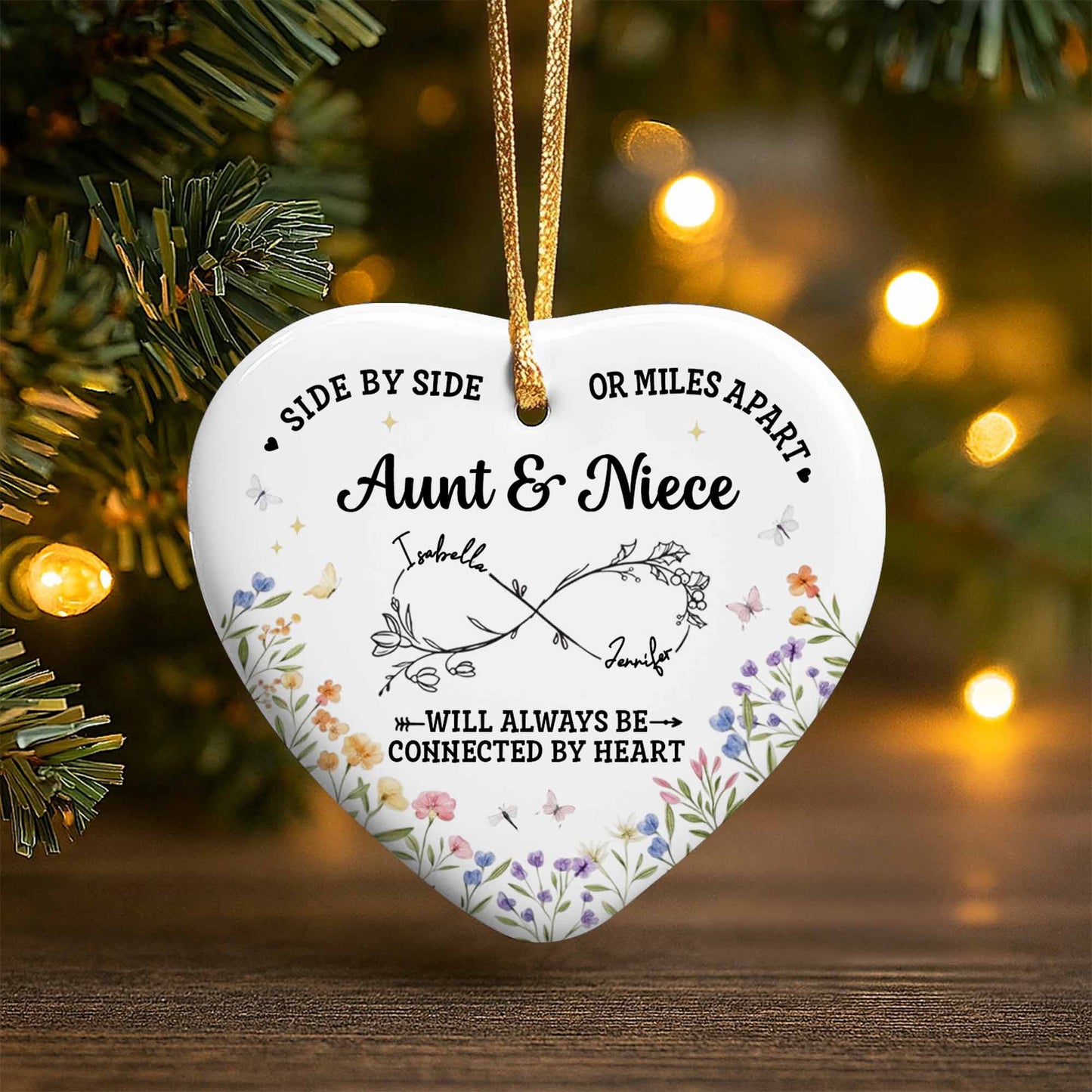 Side By Side Or Miles Apart, Heart Shape With Floral Design - Personalized Custom Ceramic Ornament With Heart Shape - FAM778_HCE