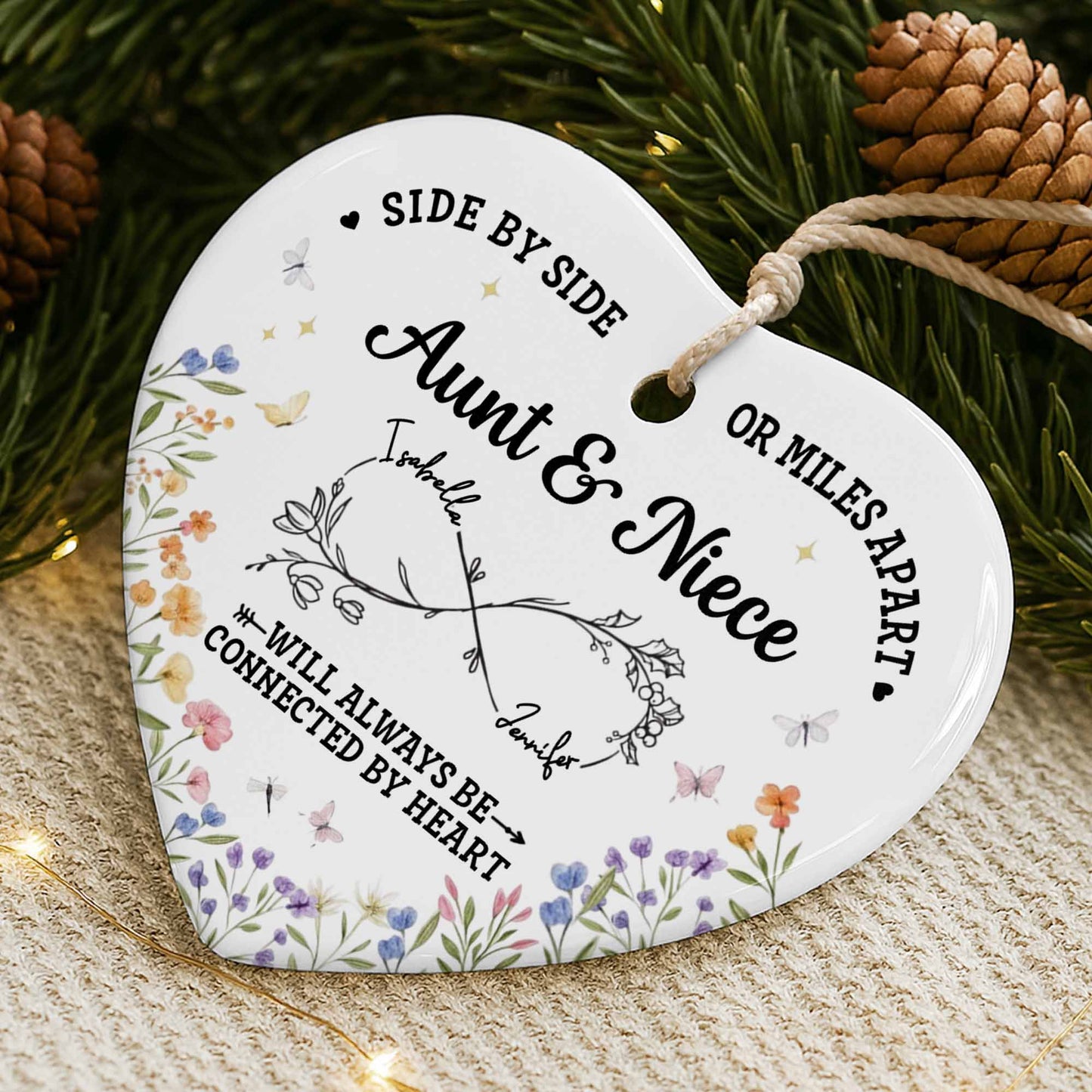 Side By Side Or Miles Apart, Heart Shape With Floral Design - Personalized Custom Ceramic Ornament With Heart Shape - FAM778_HCE