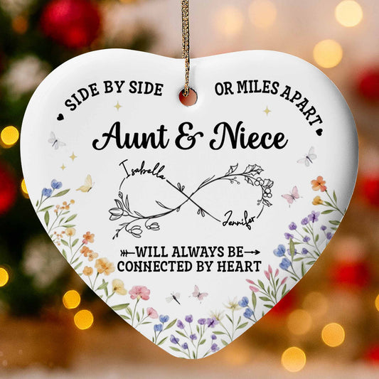 Side By Side Or Miles Apart, Heart Shape With Floral Design - Personalized Custom Ceramic Ornament With Heart Shape - FAM778_HCE