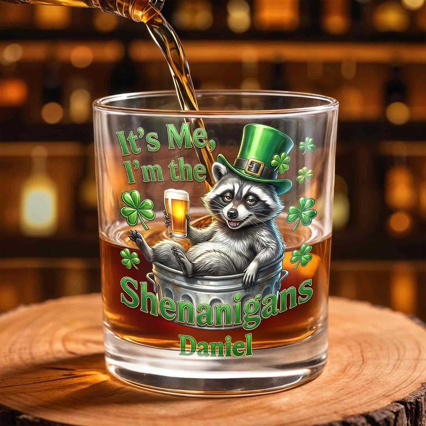It's Me, I'm The Shenanigans Raccoon Leprechaun Hat Clovers - Personalized Custom Whiskey Glass - FAM801_RWG