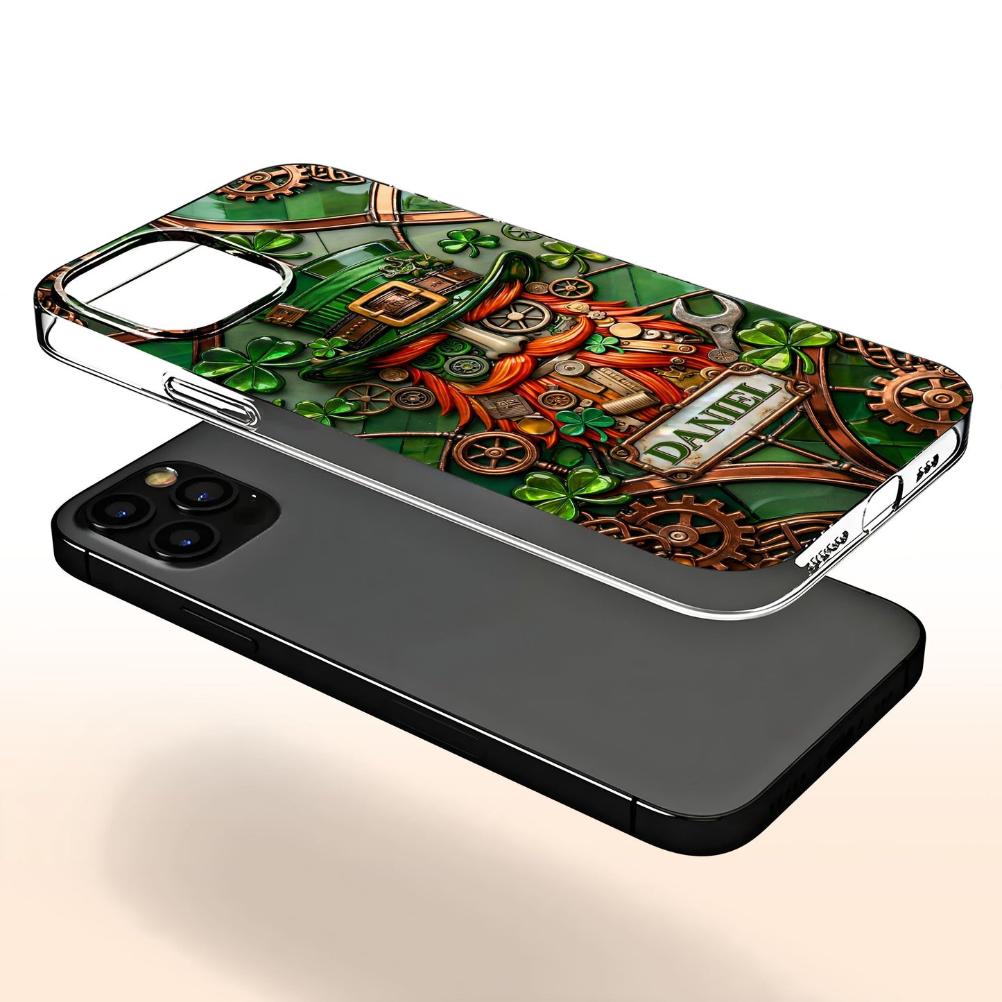 Steampunk Leprechaun With Shamrocks And Mechanical Gears Luck Design - Personalized Clear Phone Case - FAM804_PHC