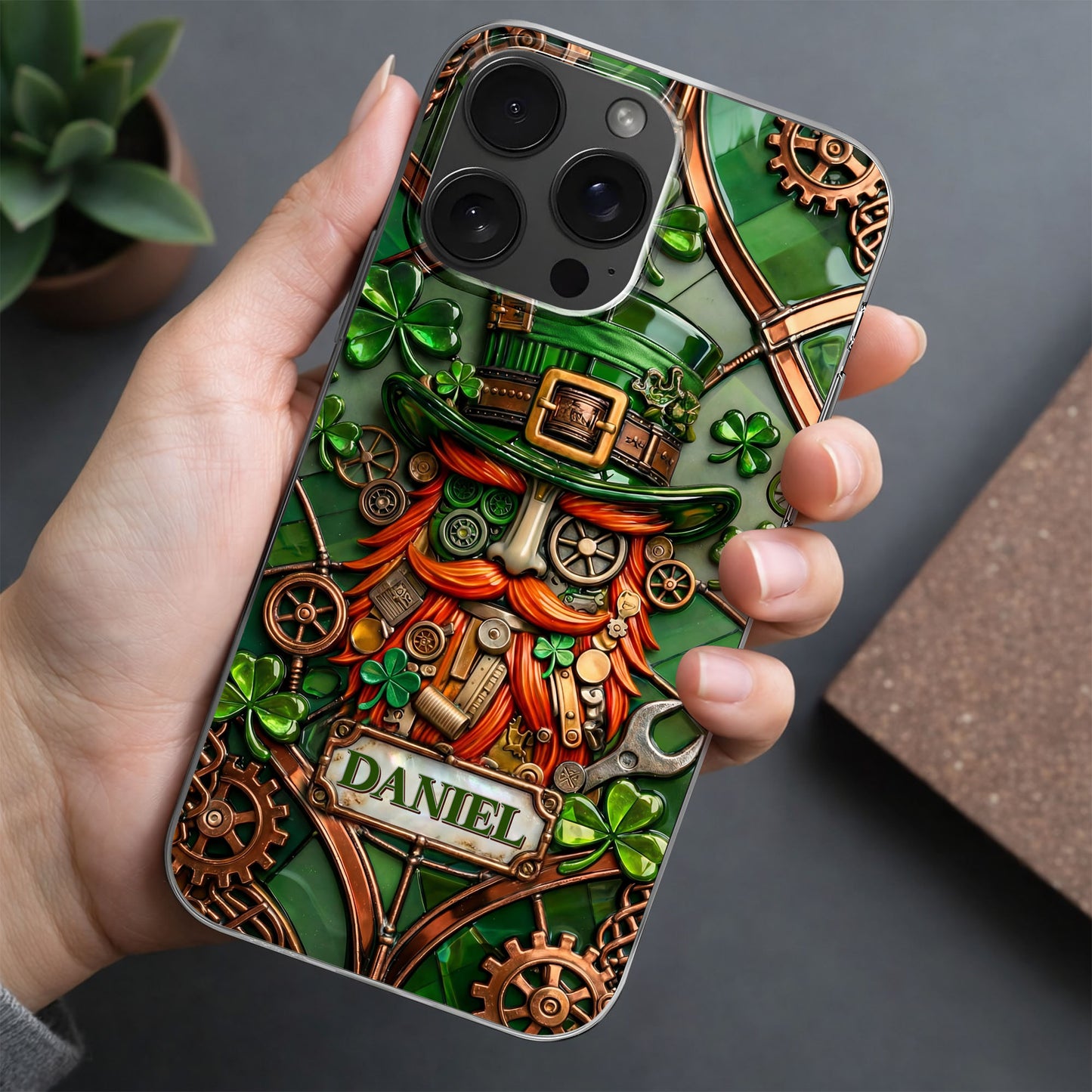 Steampunk Leprechaun With Shamrocks And Mechanical Gears Luck Design - Personalized Clear Phone Case - FAM804_PHC