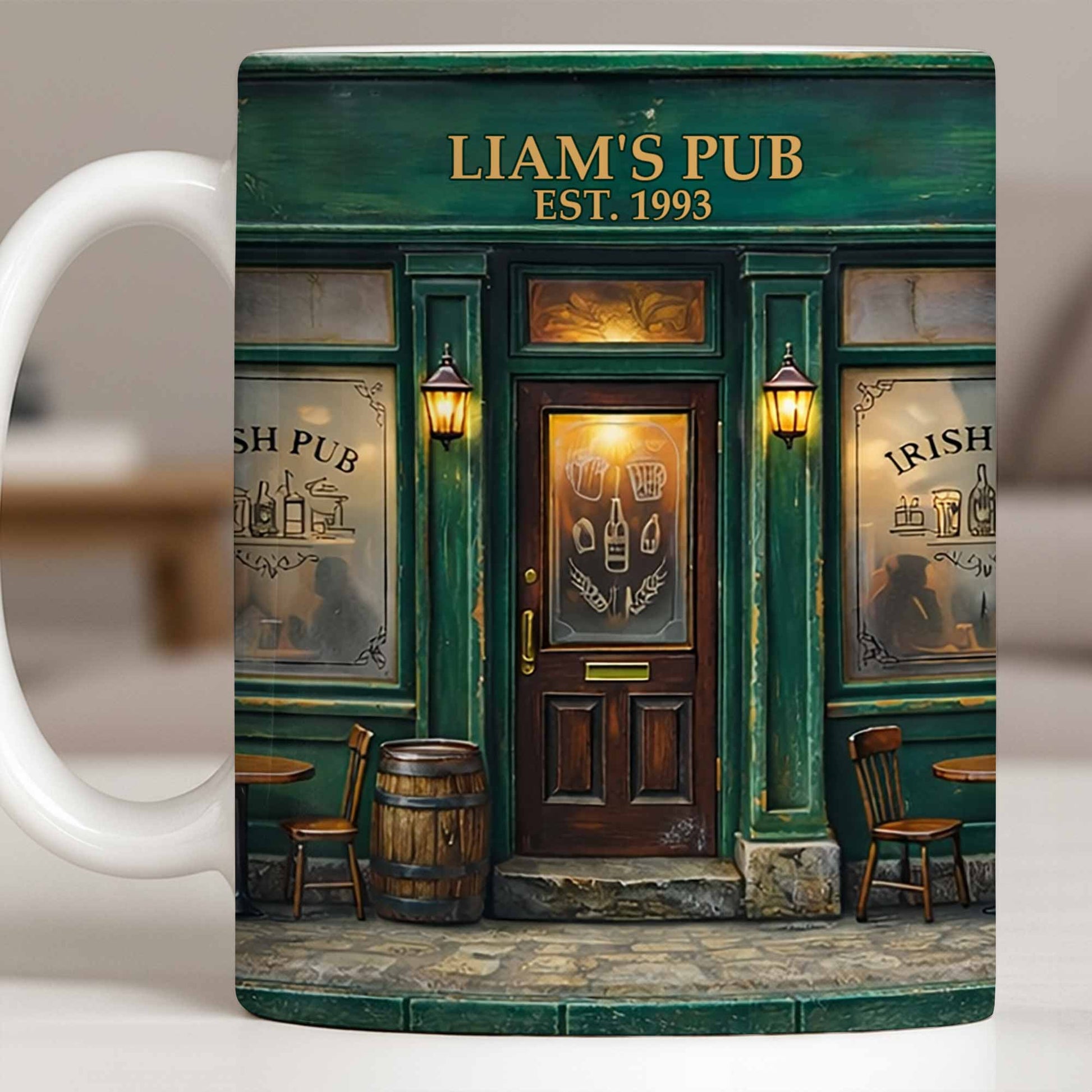 Our Pub Featuring Green Irish Pub Storefront With Barrel And Chairs