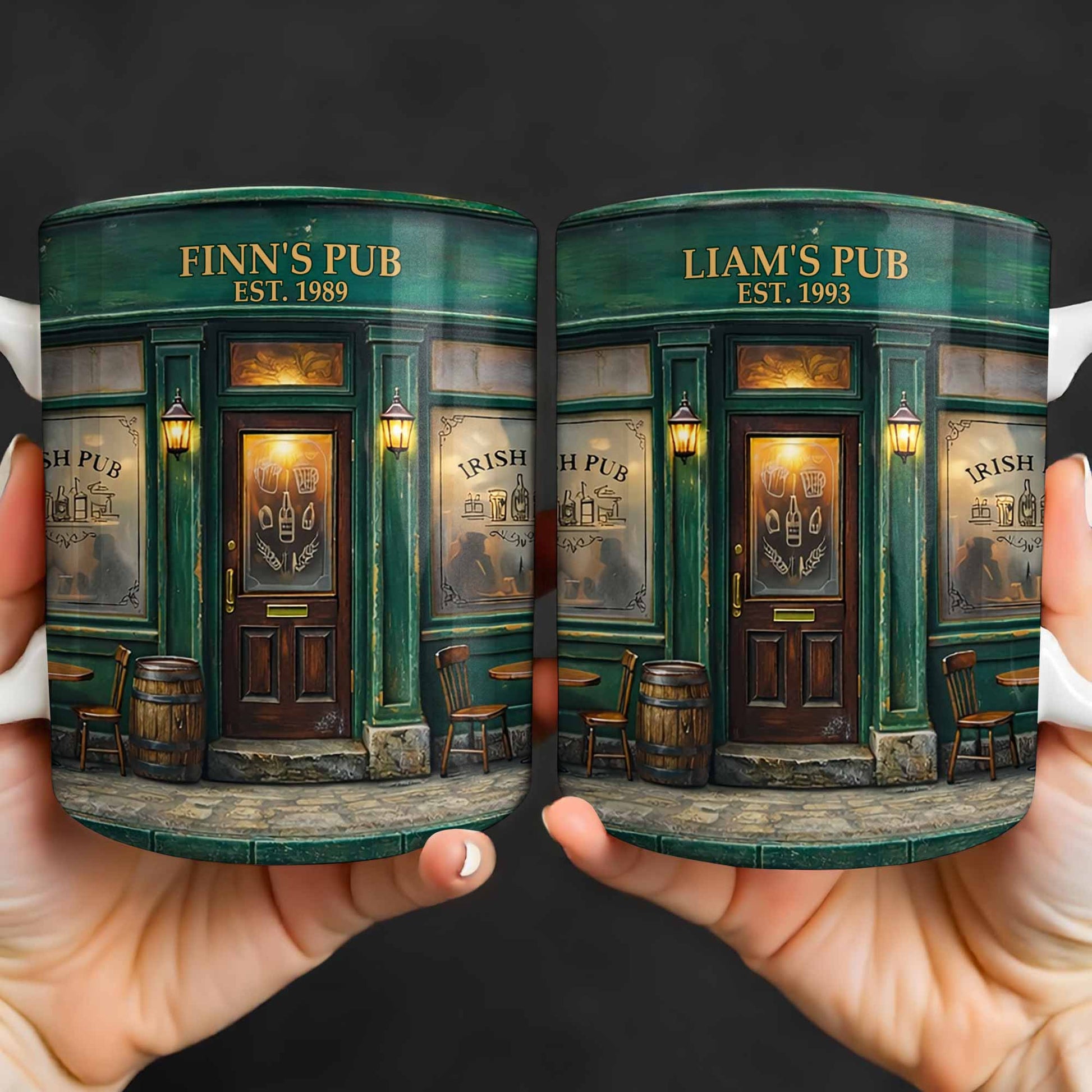 Our Pub Featuring Green Irish Pub Storefront With Barrel And Chairs