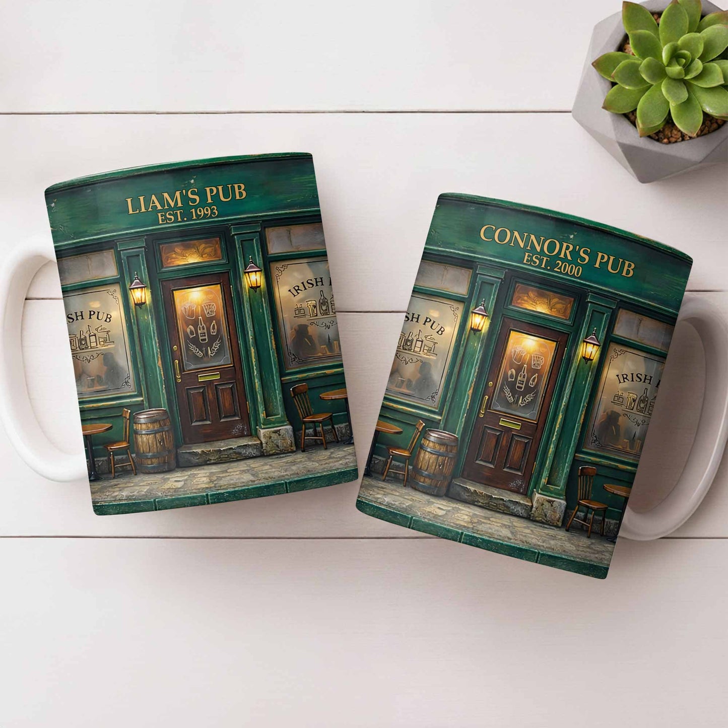 Our Pub Featuring Green Irish Pub Storefront With Barrel And Chairs