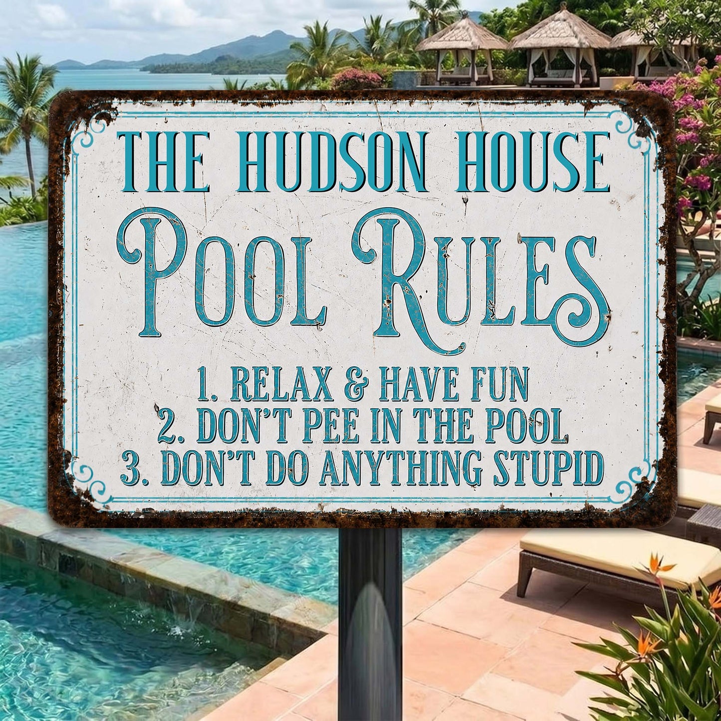 Pool Rules Relax Have Fun Custom Family Name Poolside Sign - Personalized Metal Sign - FAM856_MSIGN
