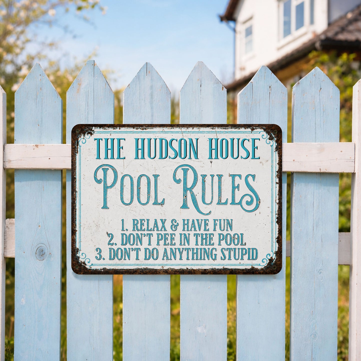 Pool Rules Relax Have Fun Custom Family Name Poolside Sign - Personalized Metal Sign - FAM856_MSIGN