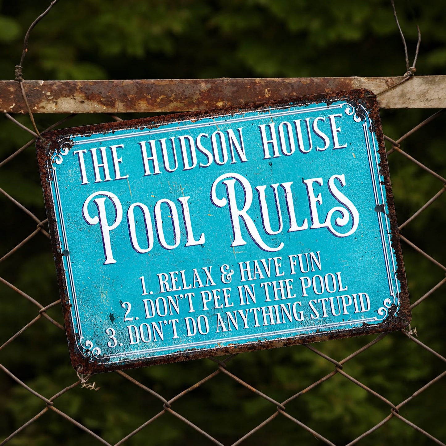 Pool Rules Relax Have Fun Custom Family Name Poolside Sign - Personalized Metal Sign - FAM856_MSIGN