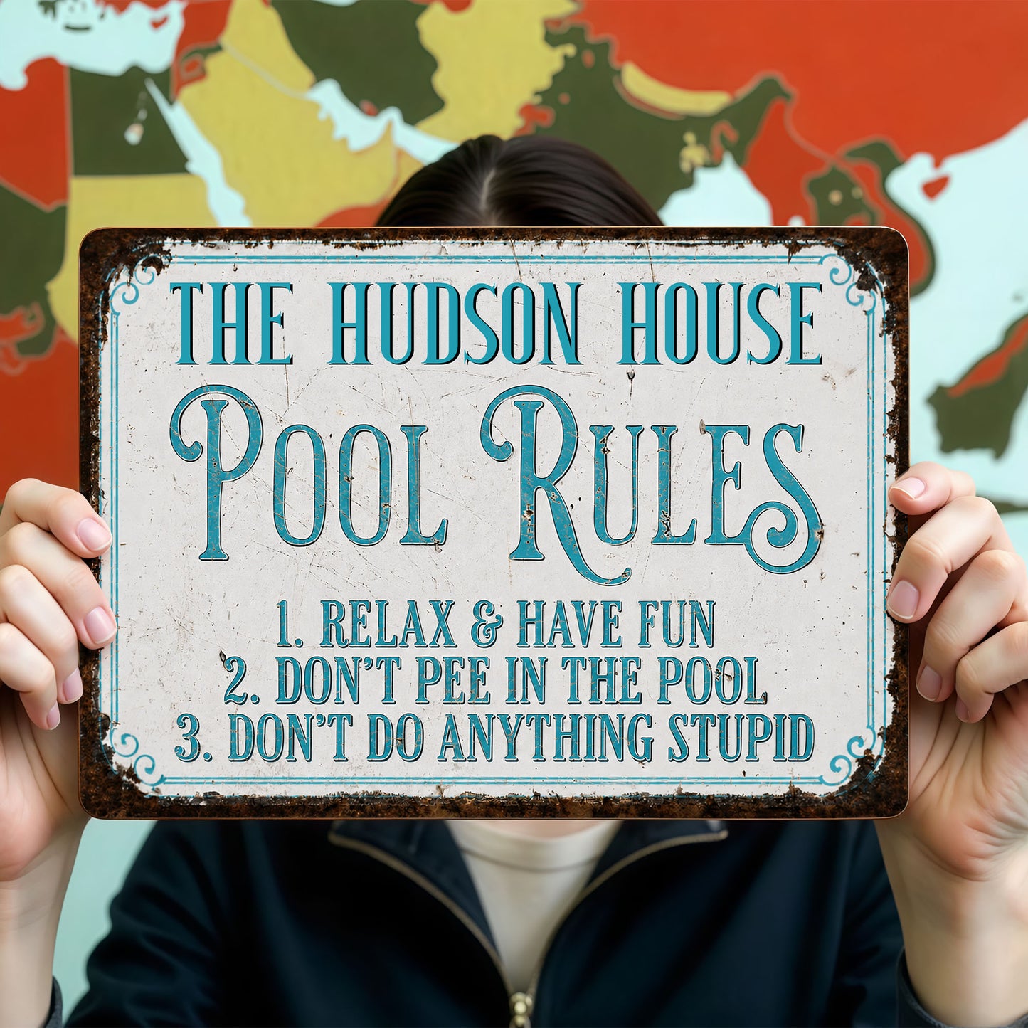 Pool Rules Relax Have Fun Custom Family Name Poolside Sign - Personalized Metal Sign - FAM856_MSIGN
