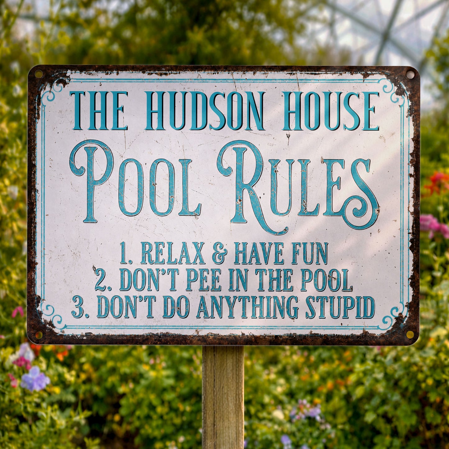 Pool Rules Relax Have Fun Custom Family Name Poolside Sign - Personalized Metal Sign - FAM856_MSIGN