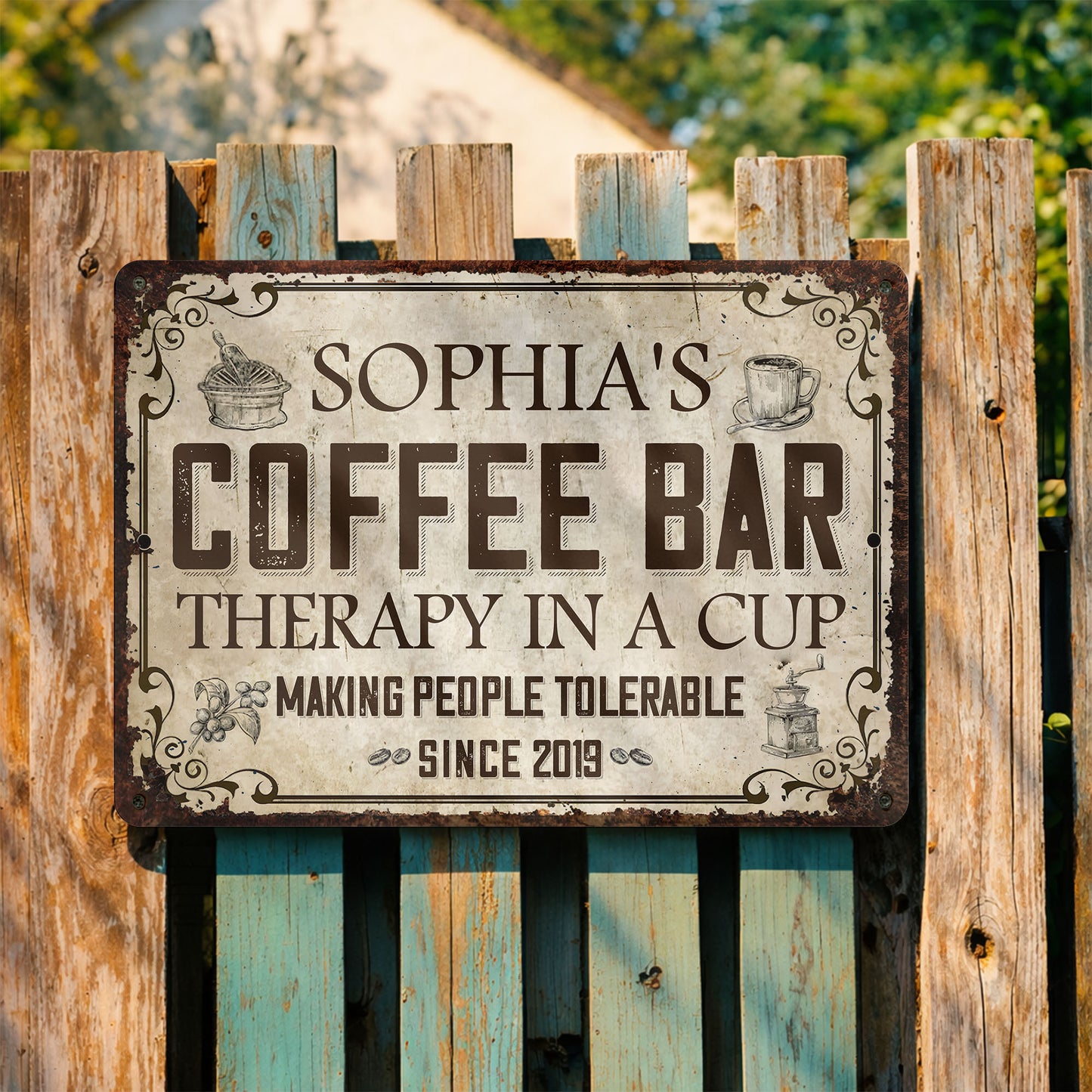 Coffee Bar Therapy In A Cup Making People Tolerable Vintage Grinder - Personalized Metal Sign - FAM861_MSIGN