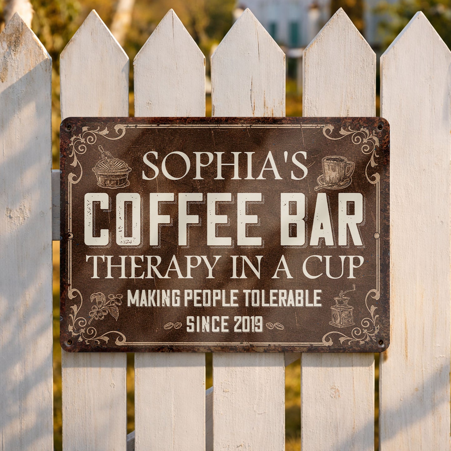 Coffee Bar Therapy In A Cup Making People Tolerable Vintage Grinder - Personalized Metal Sign - FAM861_MSIGN