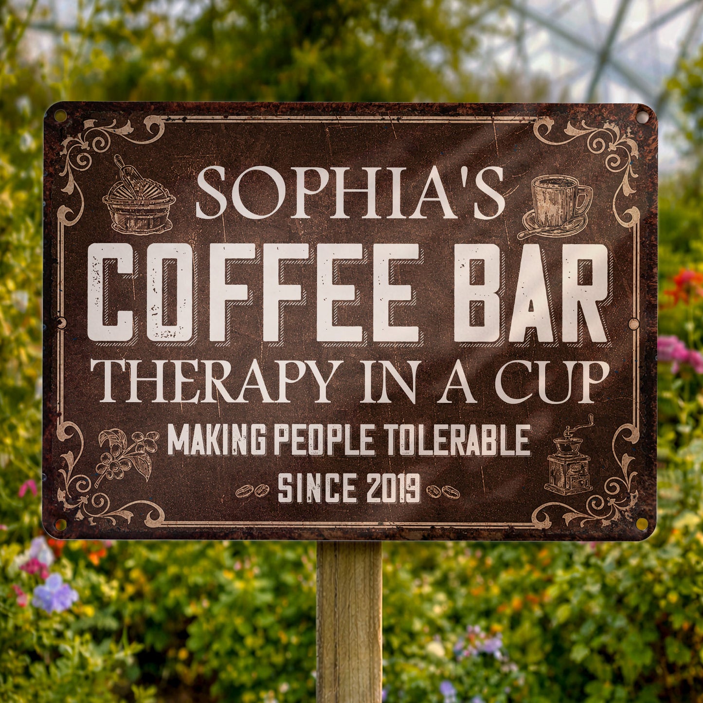 Coffee Bar Therapy In A Cup Making People Tolerable Vintage Grinder - Personalized Metal Sign - FAM861_MSIGN