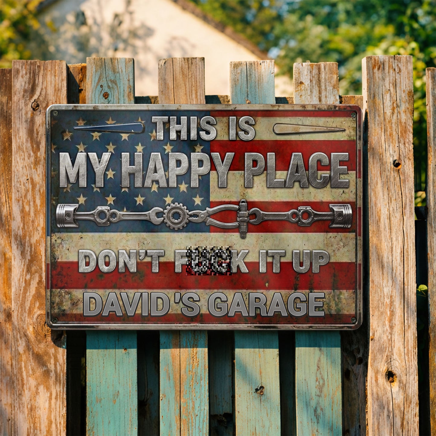 This Is My Happy Place With American Flag And Mechanic Tools - Personalized Metal Sign - FAM878_MSIGN