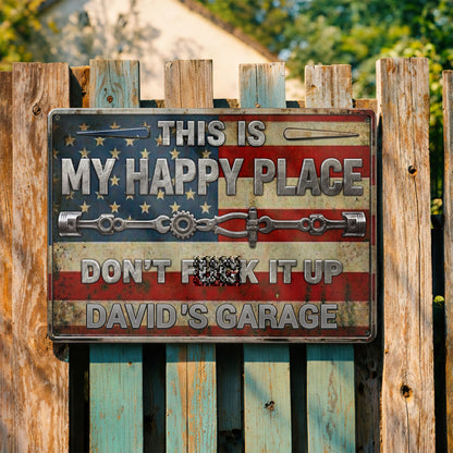 This Is My Happy Place With American Flag And Mechanic Tools - Personalized Metal Sign - FAM878_MSIGN