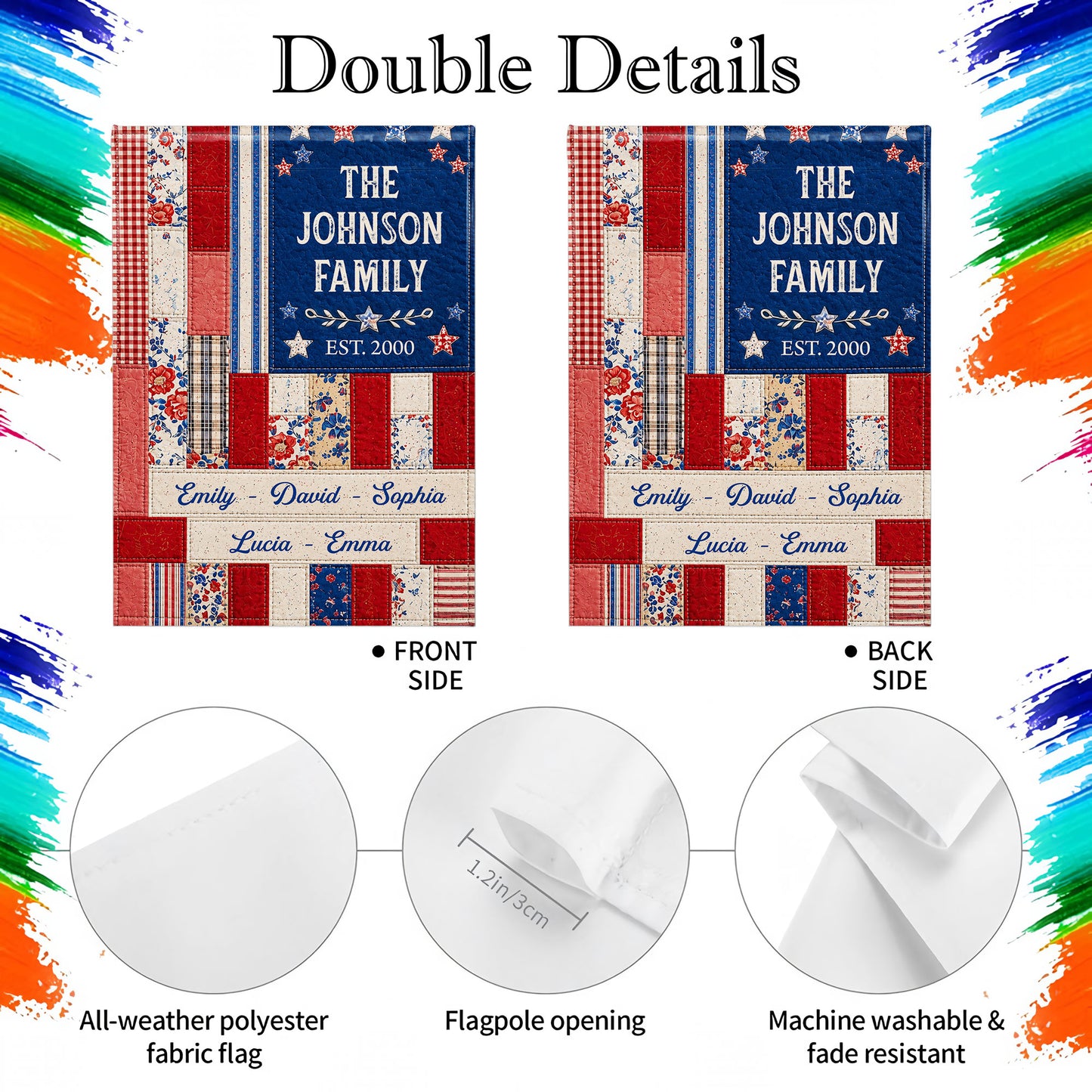 The Family Stars And Stripes Quilt Pattern Floral Flag - Personalized Flag - FAM884_GAF
