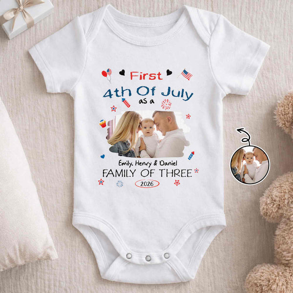 First 4th Of July As A Family Of Three Custom Photo Stars - Personalized Custom Baby Onesie - FAM886_ONES