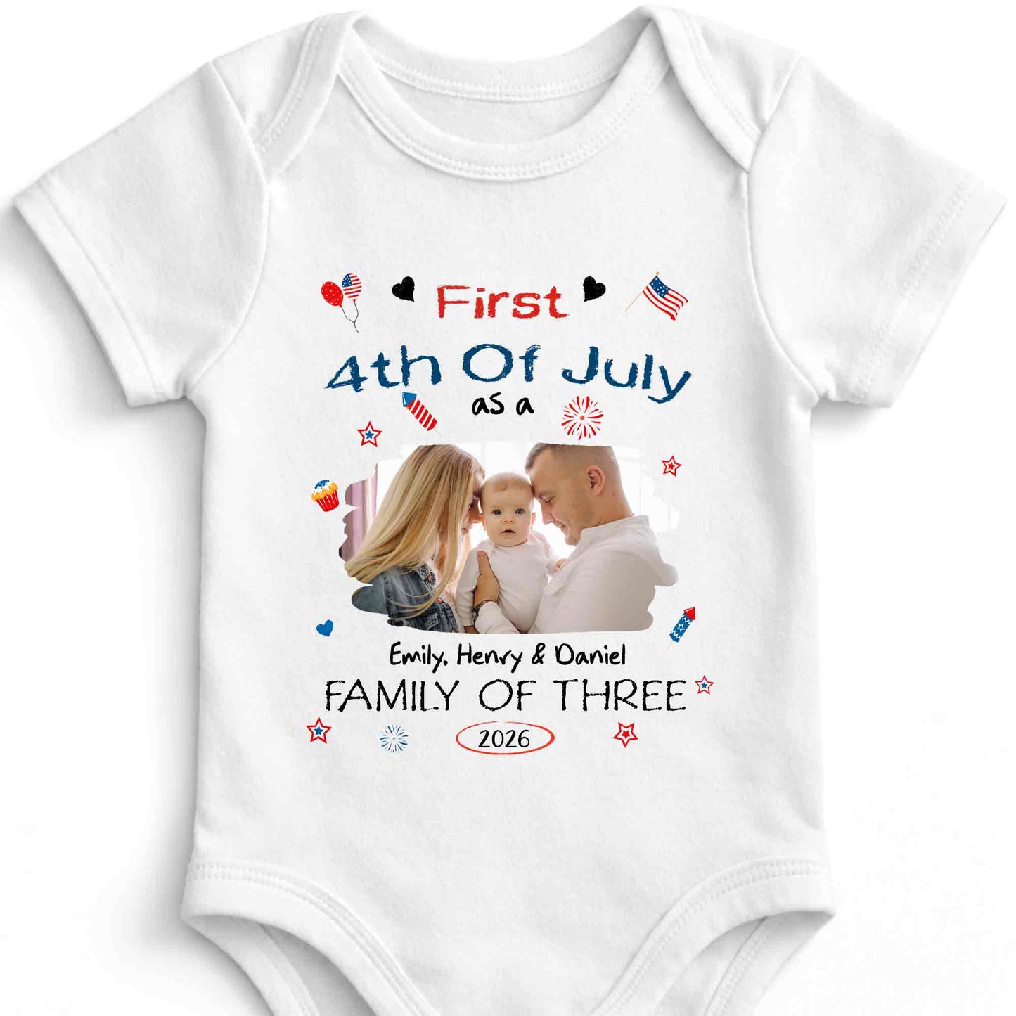 First 4th Of July As A Family Of Three Custom Photo Stars - Personalized Custom Baby Onesie - FAM886_ONES