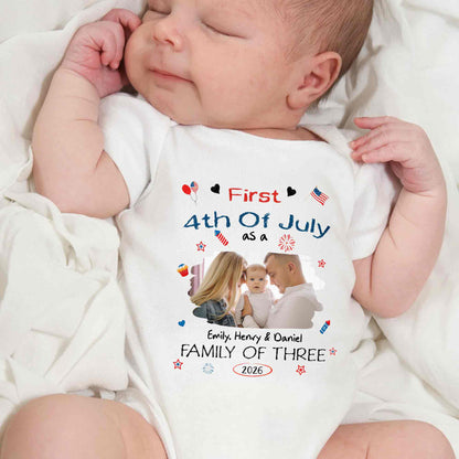 First 4th Of July As A Family Of Three Custom Photo Stars - Personalized Custom Baby Onesie - FAM886_ONES