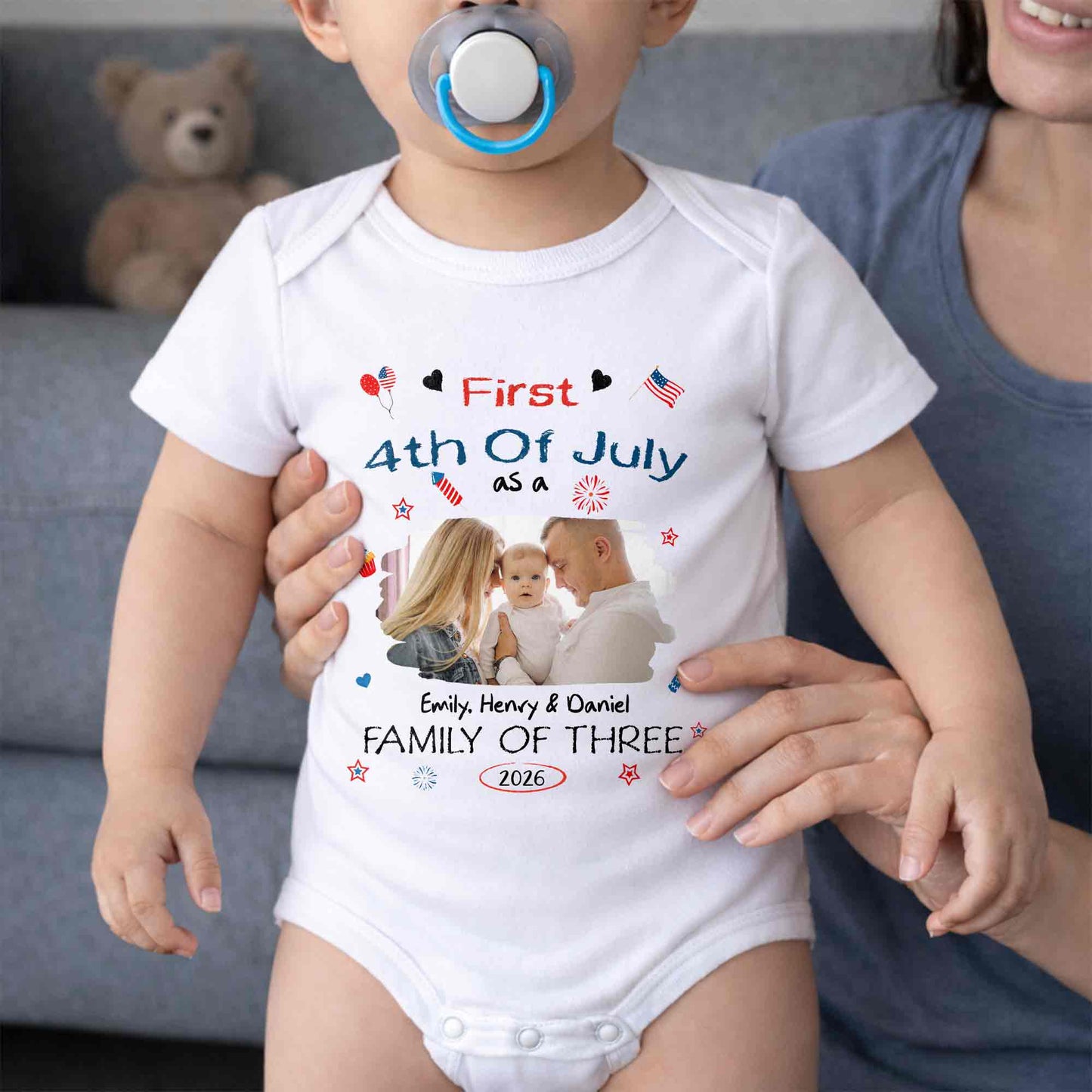 First 4th Of July As A Family Of Three Custom Photo Stars - Personalized Custom Baby Onesie - FAM886_ONES