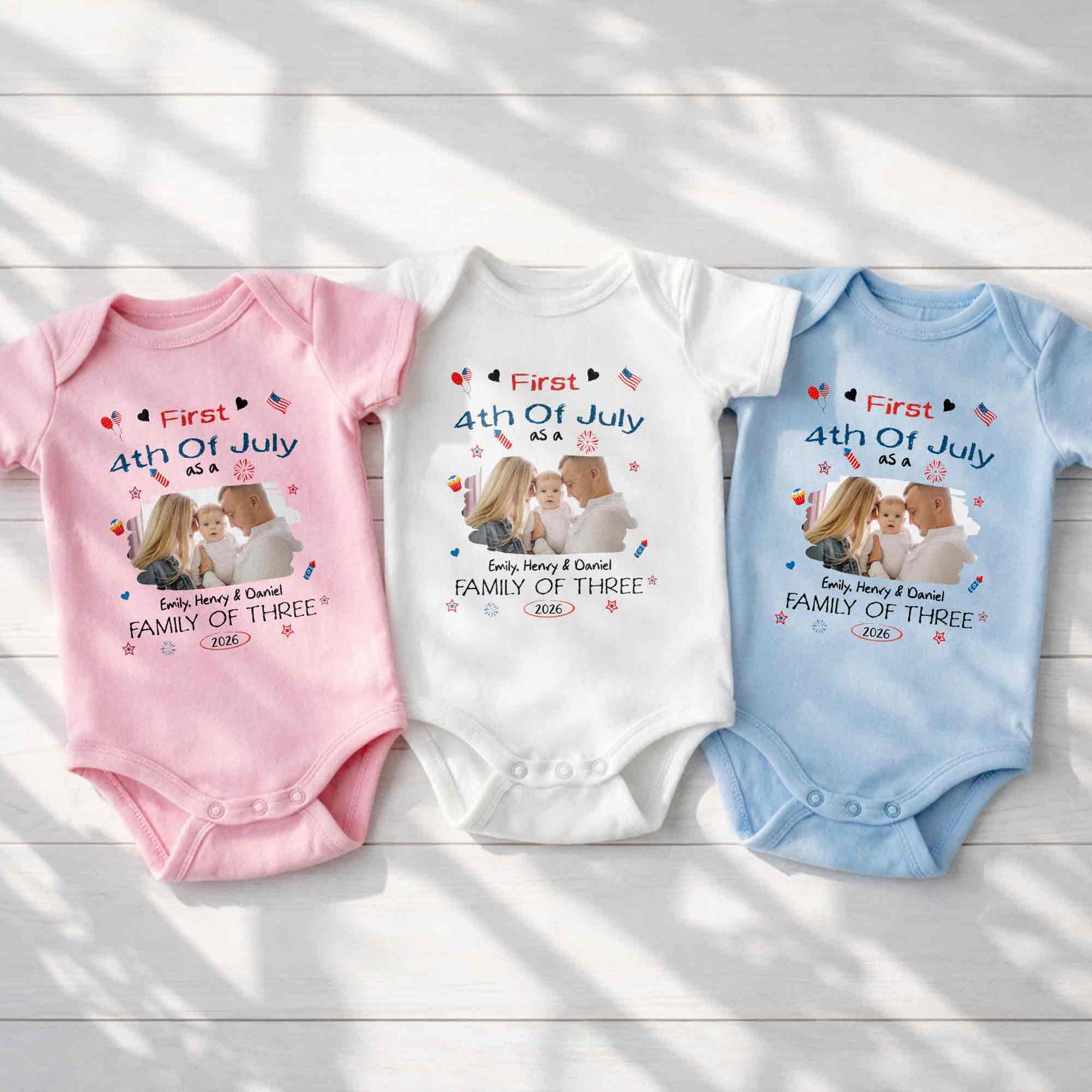 First 4th Of July As A Family Of Three Custom Photo Stars - Personalized Custom Baby Onesie - FAM886_ONES