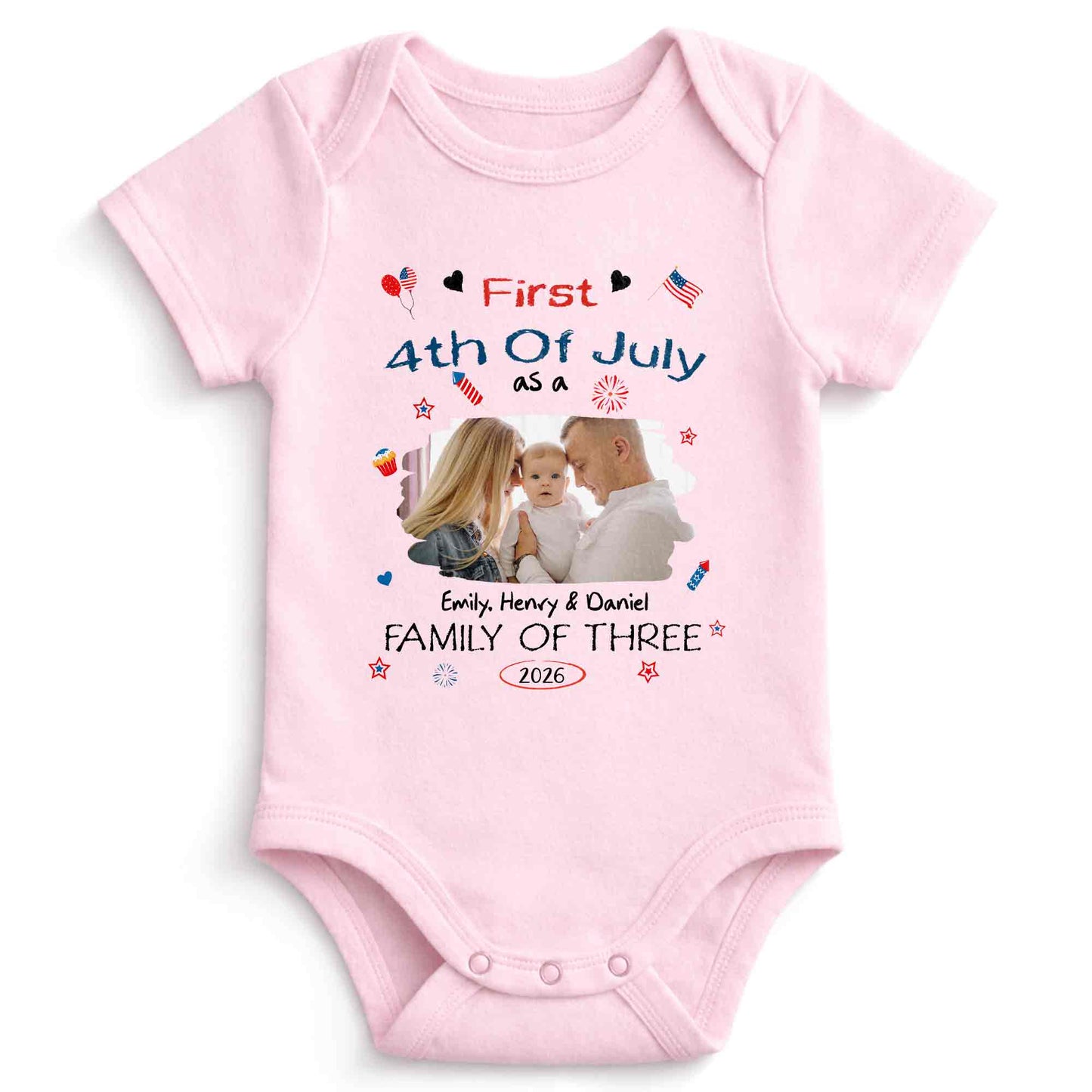 First 4th Of July As A Family Of Three Custom Photo Stars - Personalized Custom Baby Onesie - FAM886_ONES