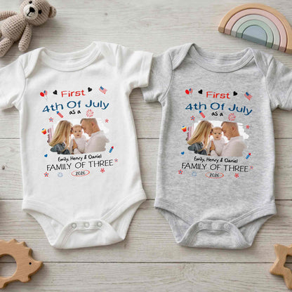 First 4th Of July As A Family Of Three Custom Photo Stars - Personalized Custom Baby Onesie - FAM886_ONES