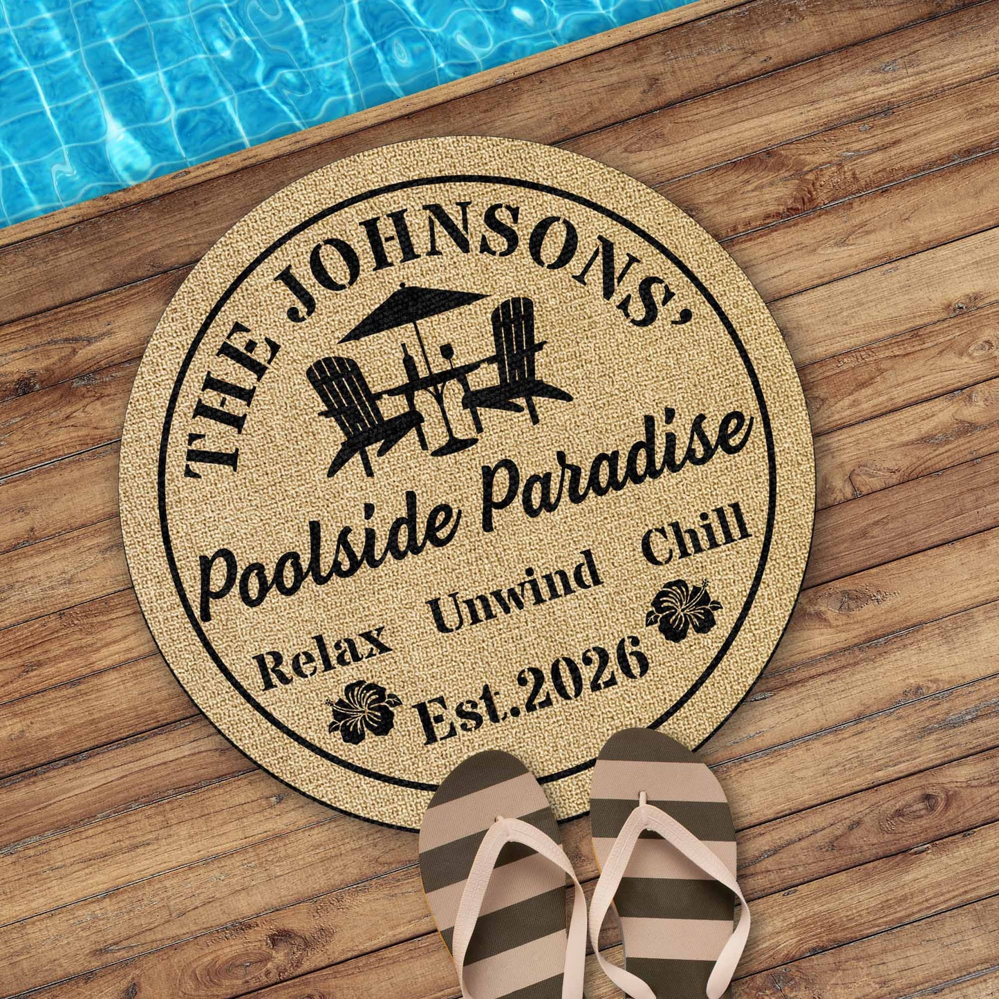 Poolside Paradise Relax Unwind Chill Chairs Flowers - Personalized Custom Shaped Doormat - FAM903_CUDOR