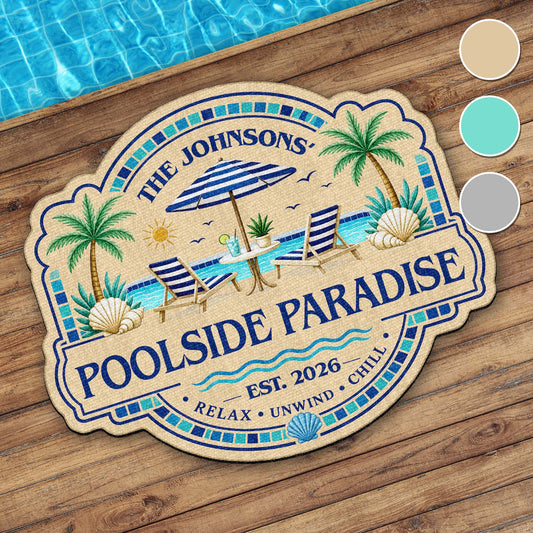 Poolside Paradise Custom Family Name With Palm Trees And Beach Chairs - Personalized Custom Shaped Doormat - FAM959_CUDOR