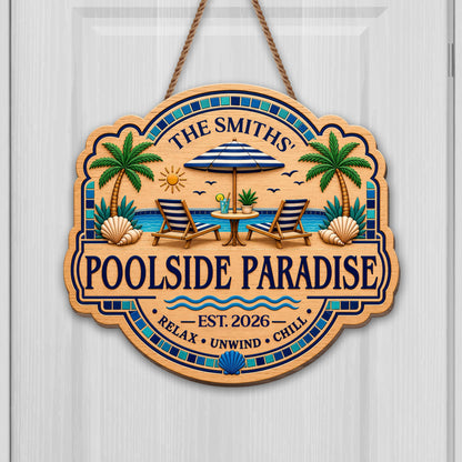 Poolside Paradise Relax Unwind Chill With Palm Trees And Pool Chairs - Personalized Custom Shaped Wood Sign - FAM962_WSIGN
